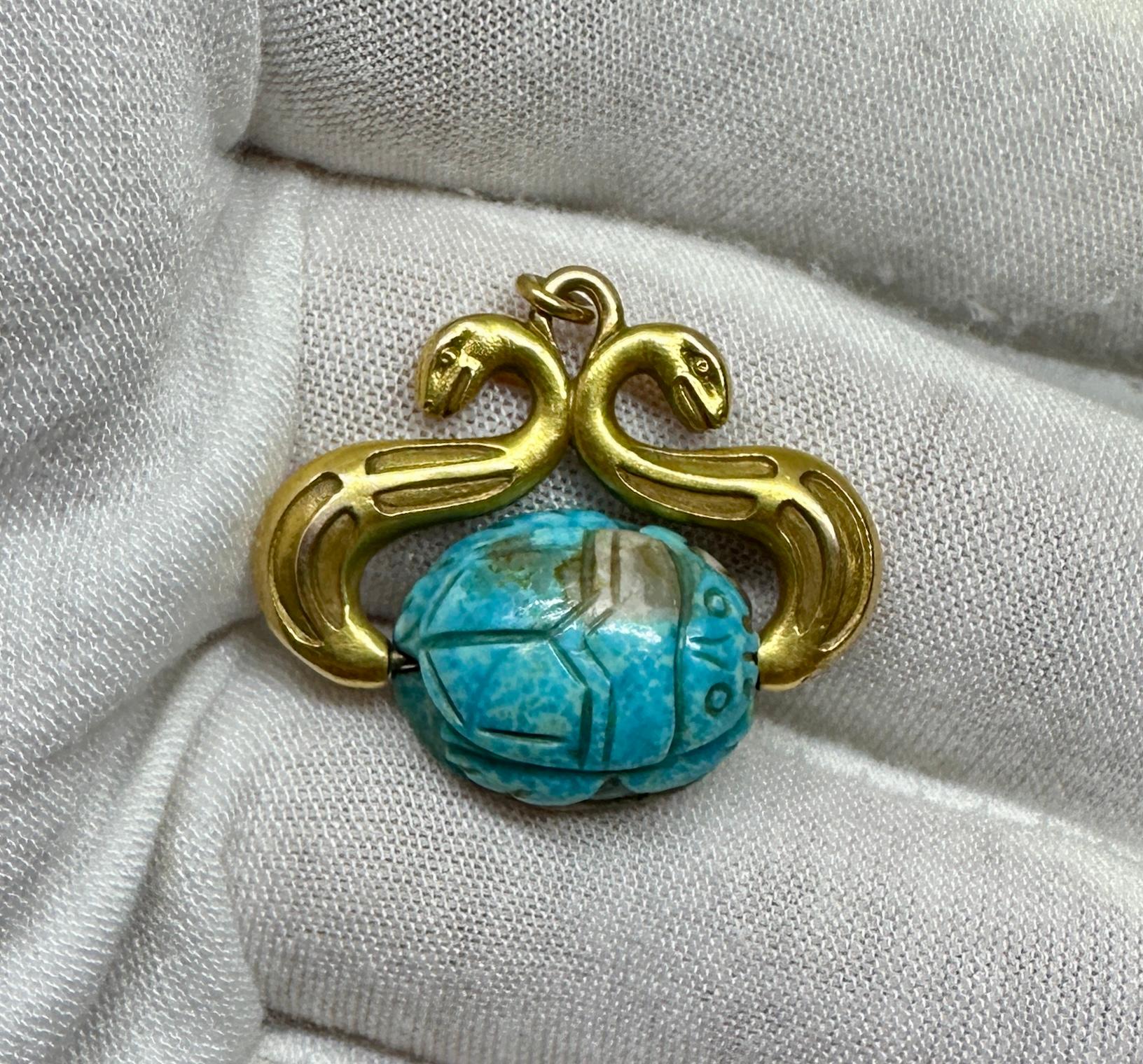 Collar Colgante Serpiente Turquesa Escarabajo Renacimiento Egipcio Oro Antiguo Victoriano Corte mixto en venta