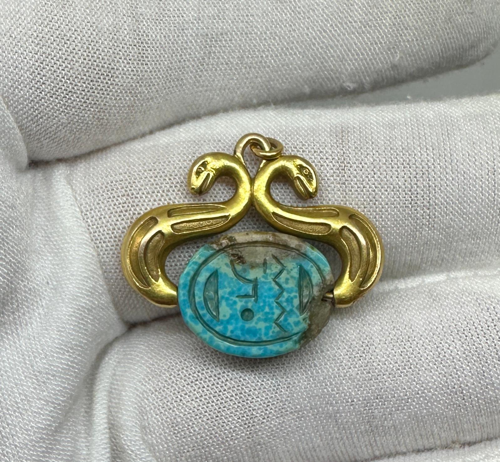 Femenino o masculino Collar Colgante Serpiente Turquesa Escarabajo Renacimiento Egipcio Oro Antiguo Victoriano en venta