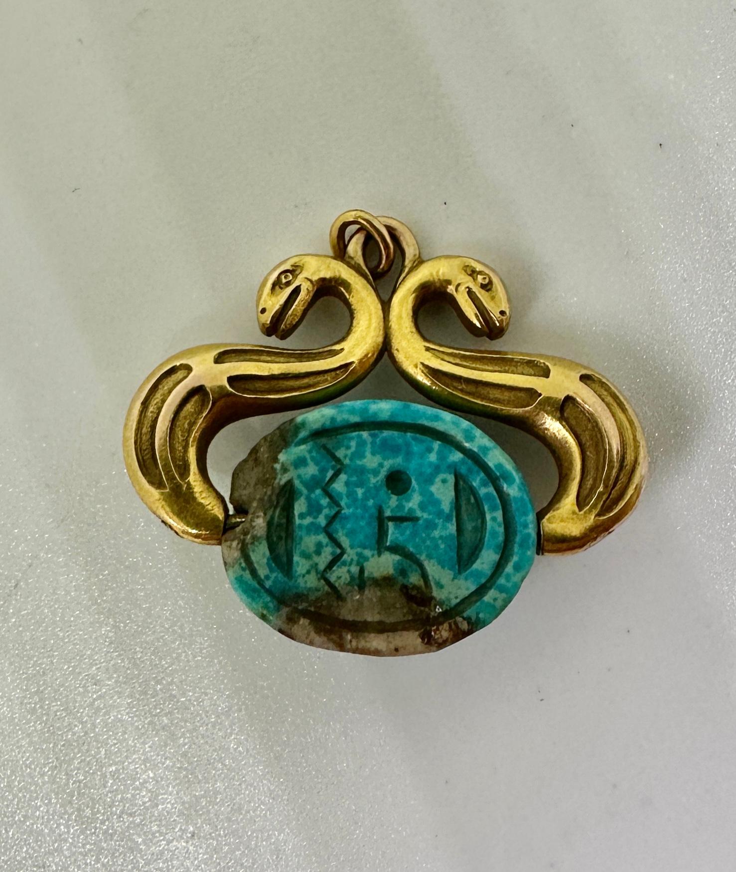 Collar Colgante Serpiente Turquesa Escarabajo Renacimiento Egipcio Oro Antiguo Victoriano en venta 1