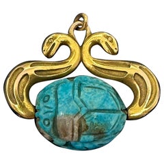 Snake Turquoise Scarab Egyptian Revival Pendant Necklace Antique Victorian Gold