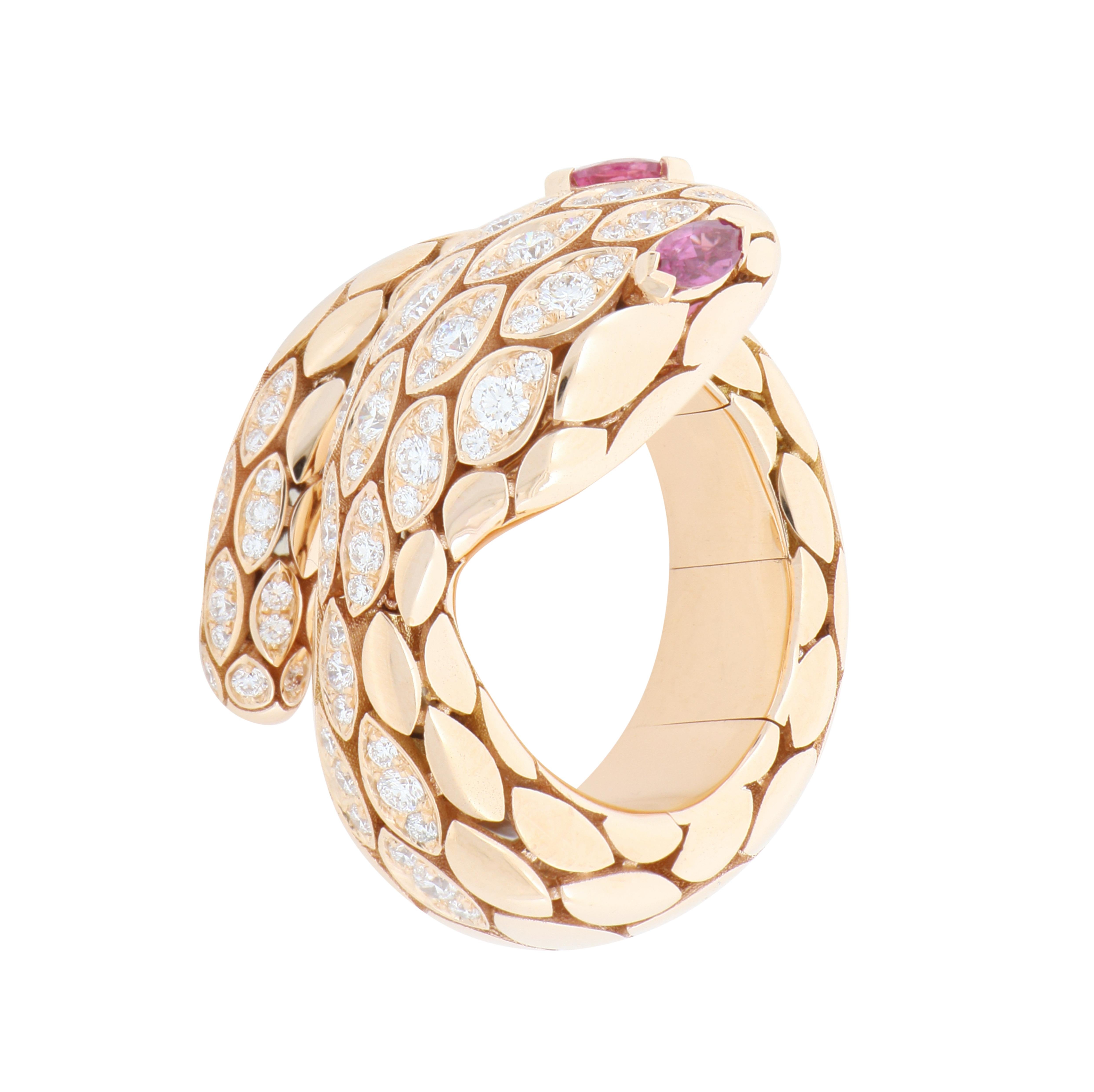 For Sale:  Snake White Diamonds and Rubies Fashion Ring 18kt Rose Gold 2