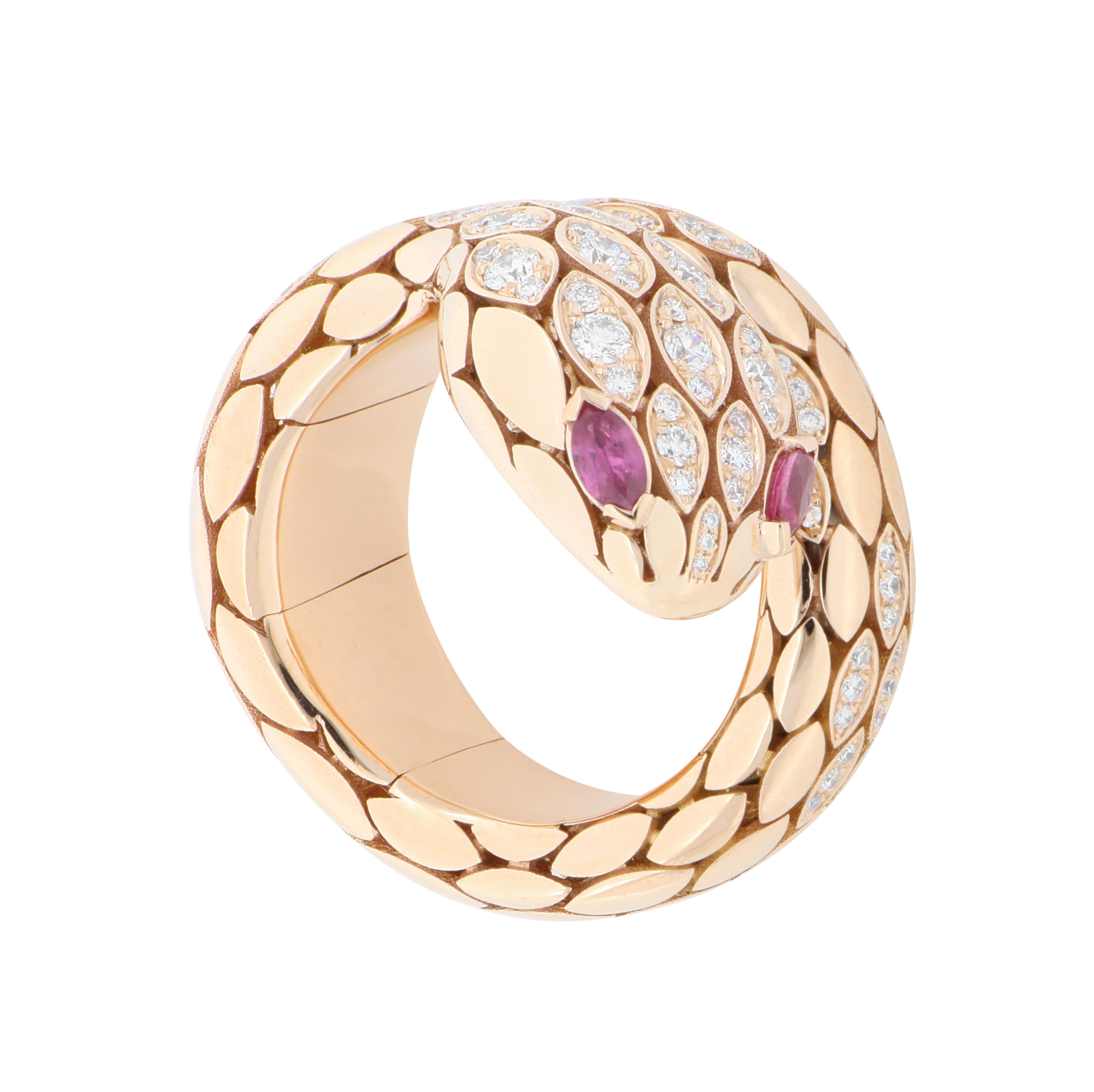 For Sale:  Snake White Diamonds and Rubies Fashion Ring 18kt Rose Gold 3