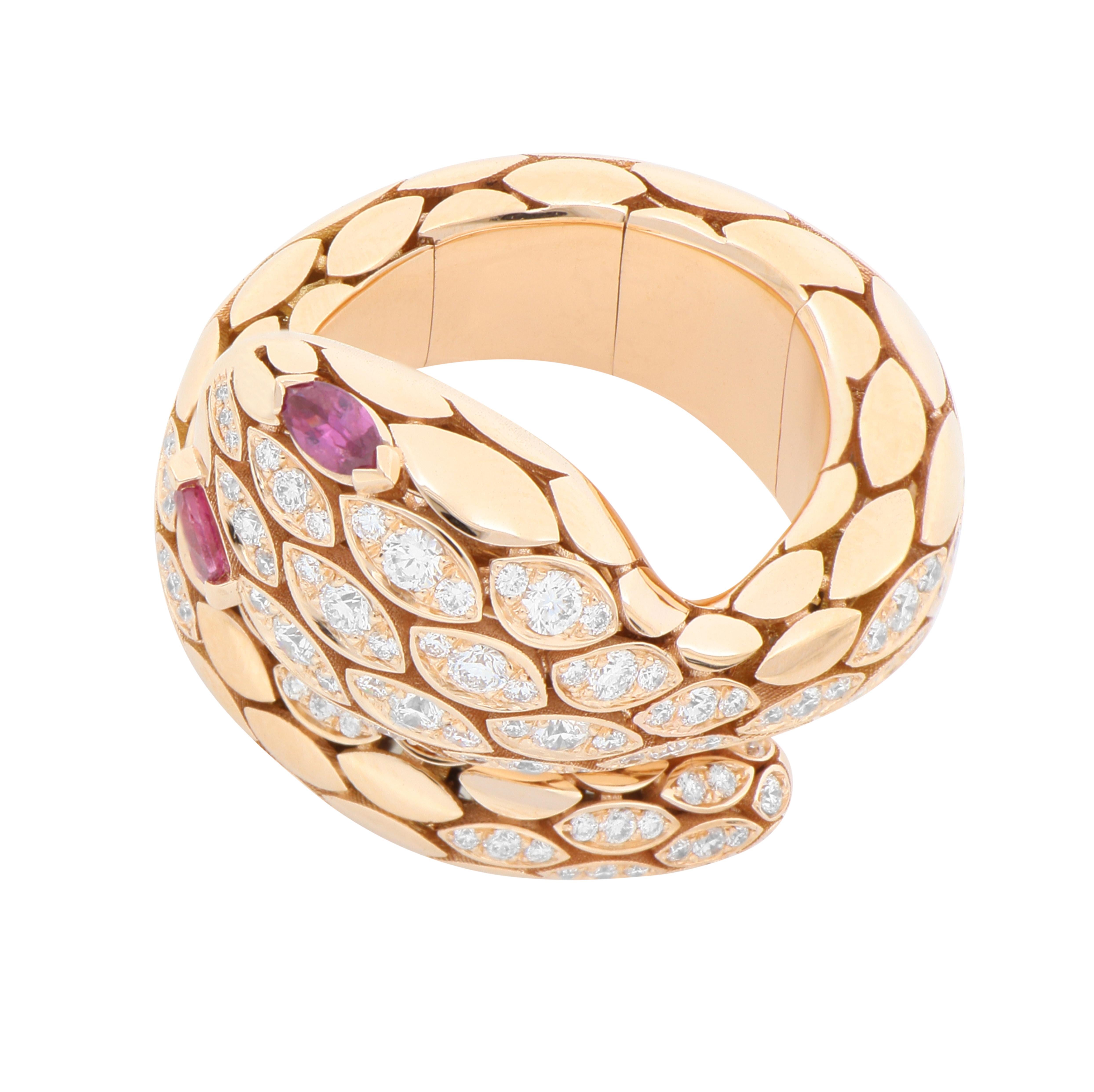 For Sale:  Snake White Diamonds and Rubies Fashion Ring 18kt Rose Gold 4