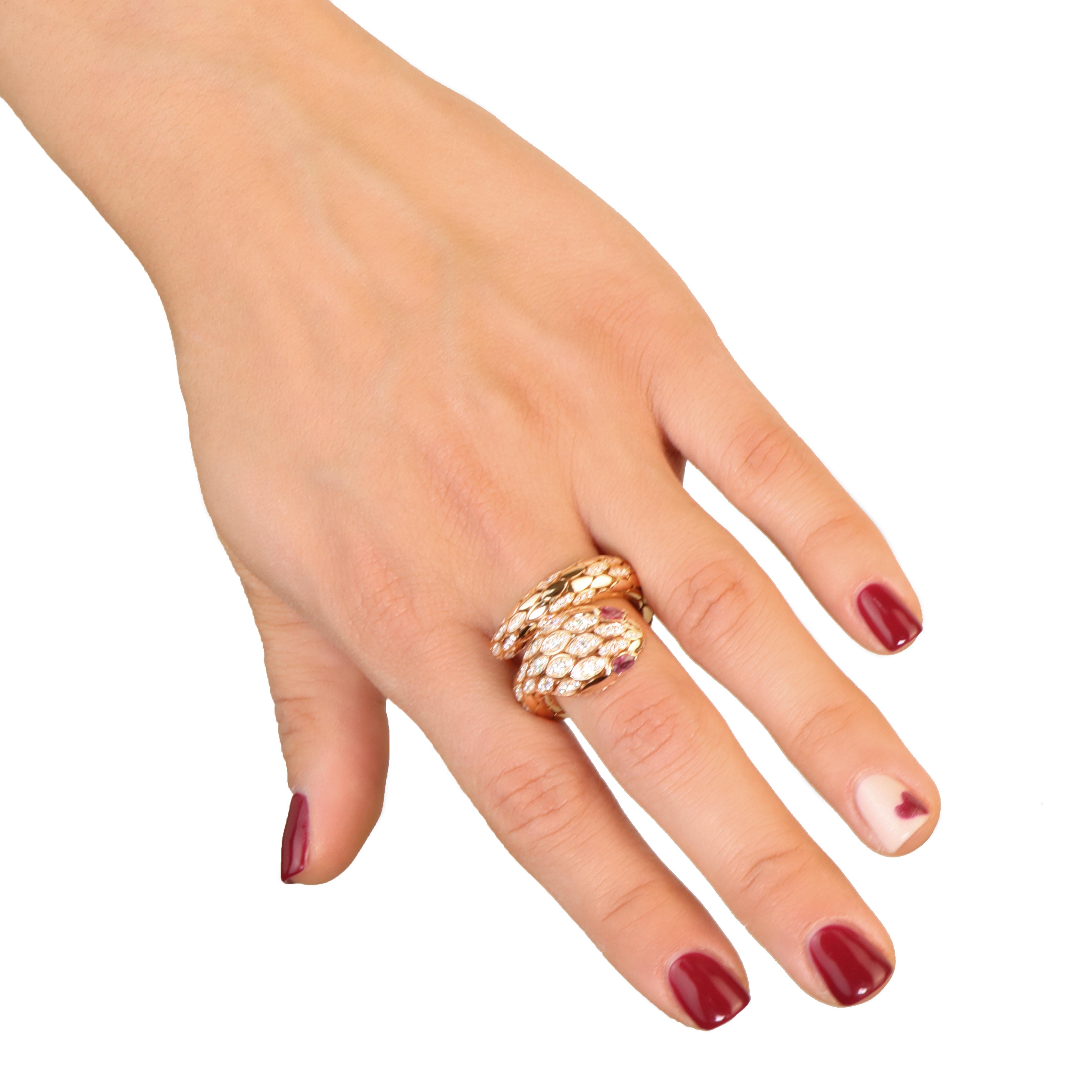 For Sale:  Snake White Diamonds and Rubies Fashion Ring 18kt Rose Gold 6