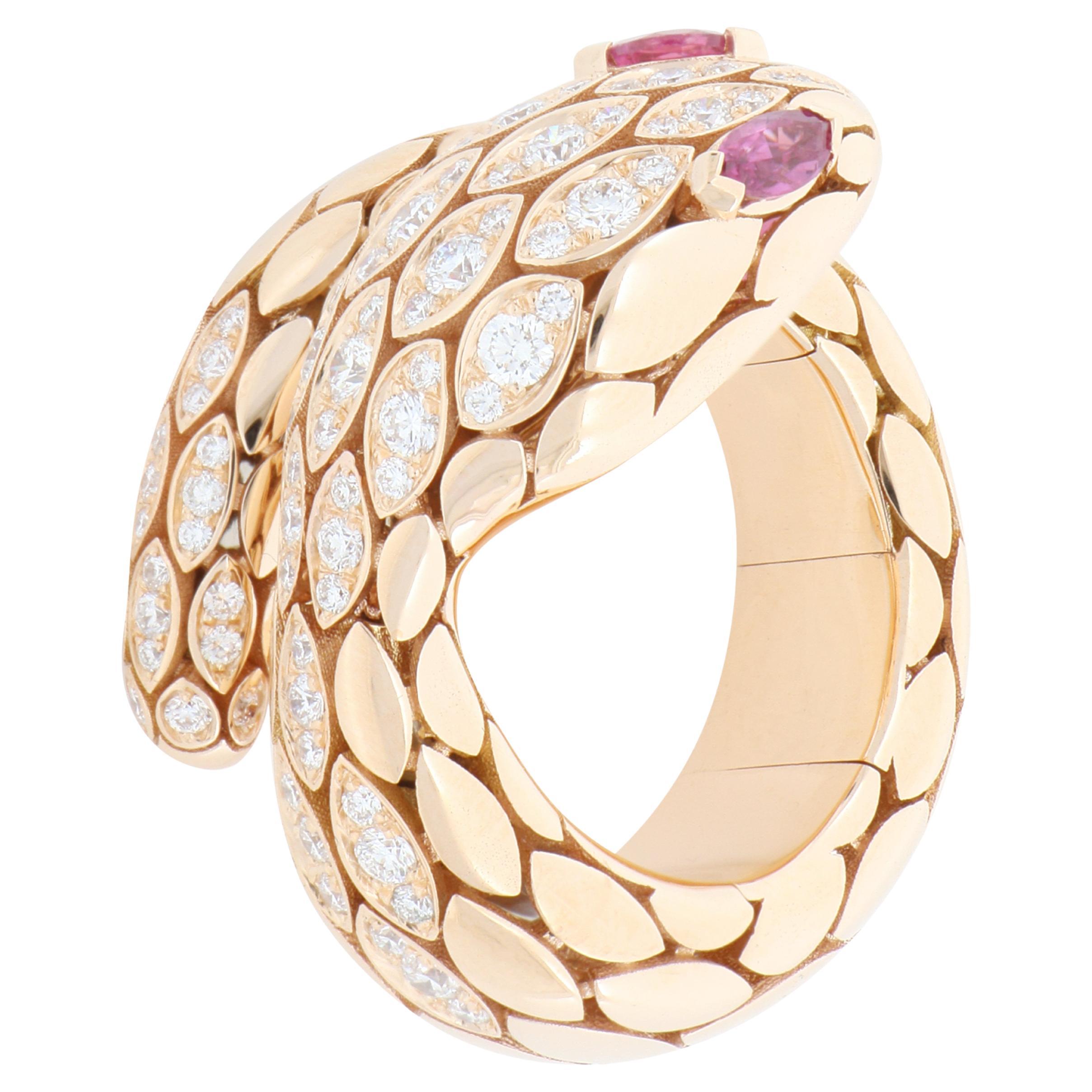 For Sale:  Snake White Diamonds and Rubies Fashion Ring 18kt Rose Gold