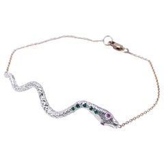 Emerald Pink Sapphire White Gold Snake Pendant Gold Chain Bracelet 