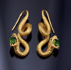 "Snakes" Earrings 5, 11 Carat Intense Green Tsavorite 18 Karat Matte Yellow Gold