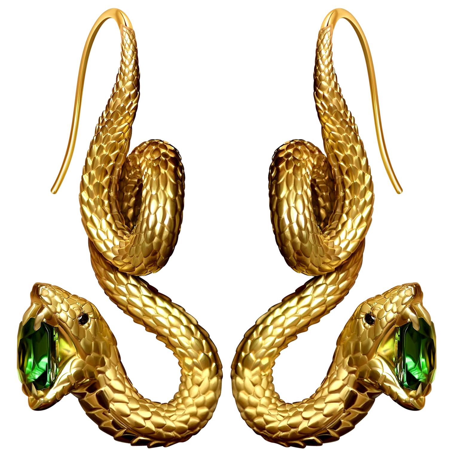 "Snakes" Earrings 5, 11 Carat Intense Green Tsavorite 18 Karat Matte Yellow Gold
