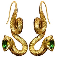 "Snakes" Earrings 5, 11 Carat Intense Green Tsavorite 18 Karat Matte Yellow Gold