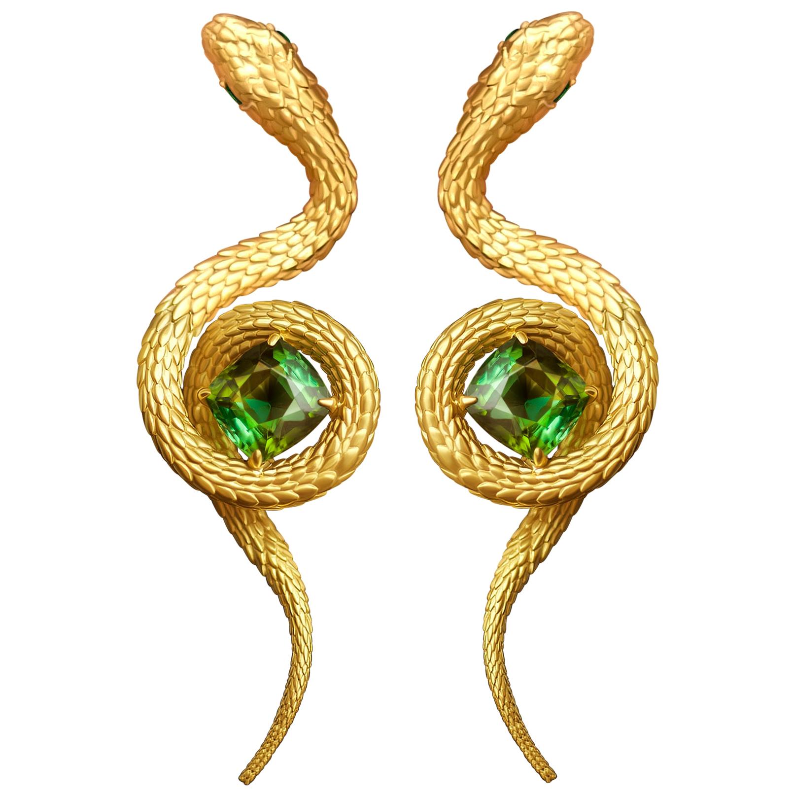 "Snakes" Earrings 6.5 Carat Intense Green Tourmaline 18 Karat Yellow Gold