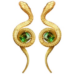 "Snakes" Earrings 6.5 Carat Intense Green Tourmaline 18 Karat Yellow Gold