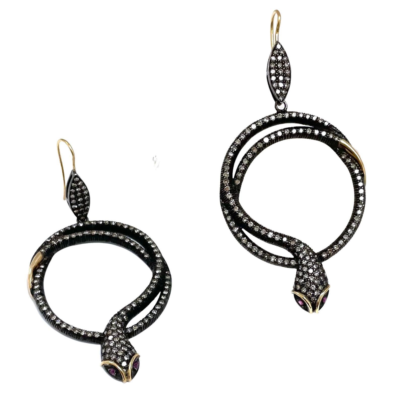 Snakes with Ruby Eyes and Diamonds Paradizia Earrings For Sale 6