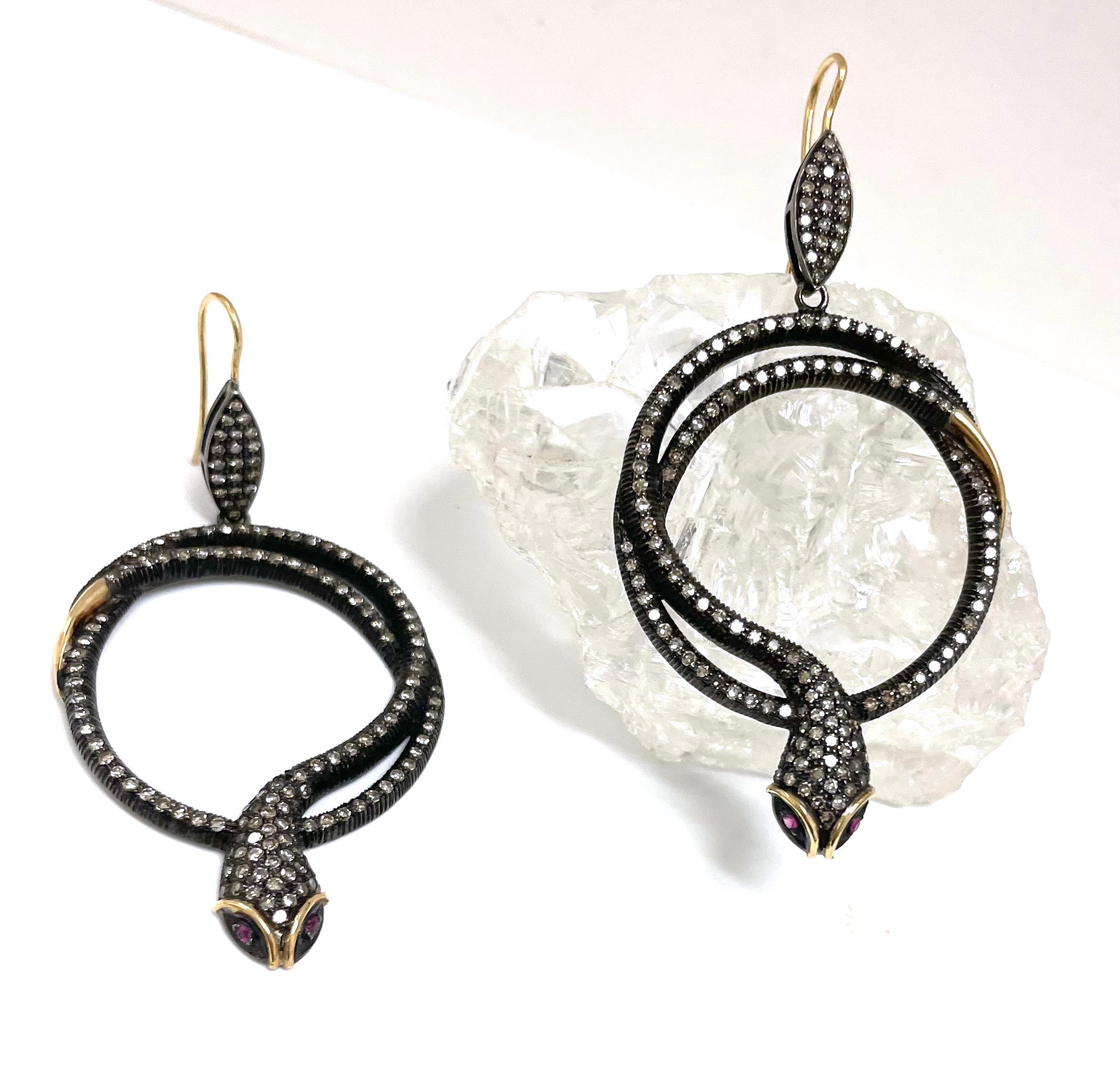 Modern Snakes with Ruby Eyes and Diamonds Paradizia Earrings For Sale