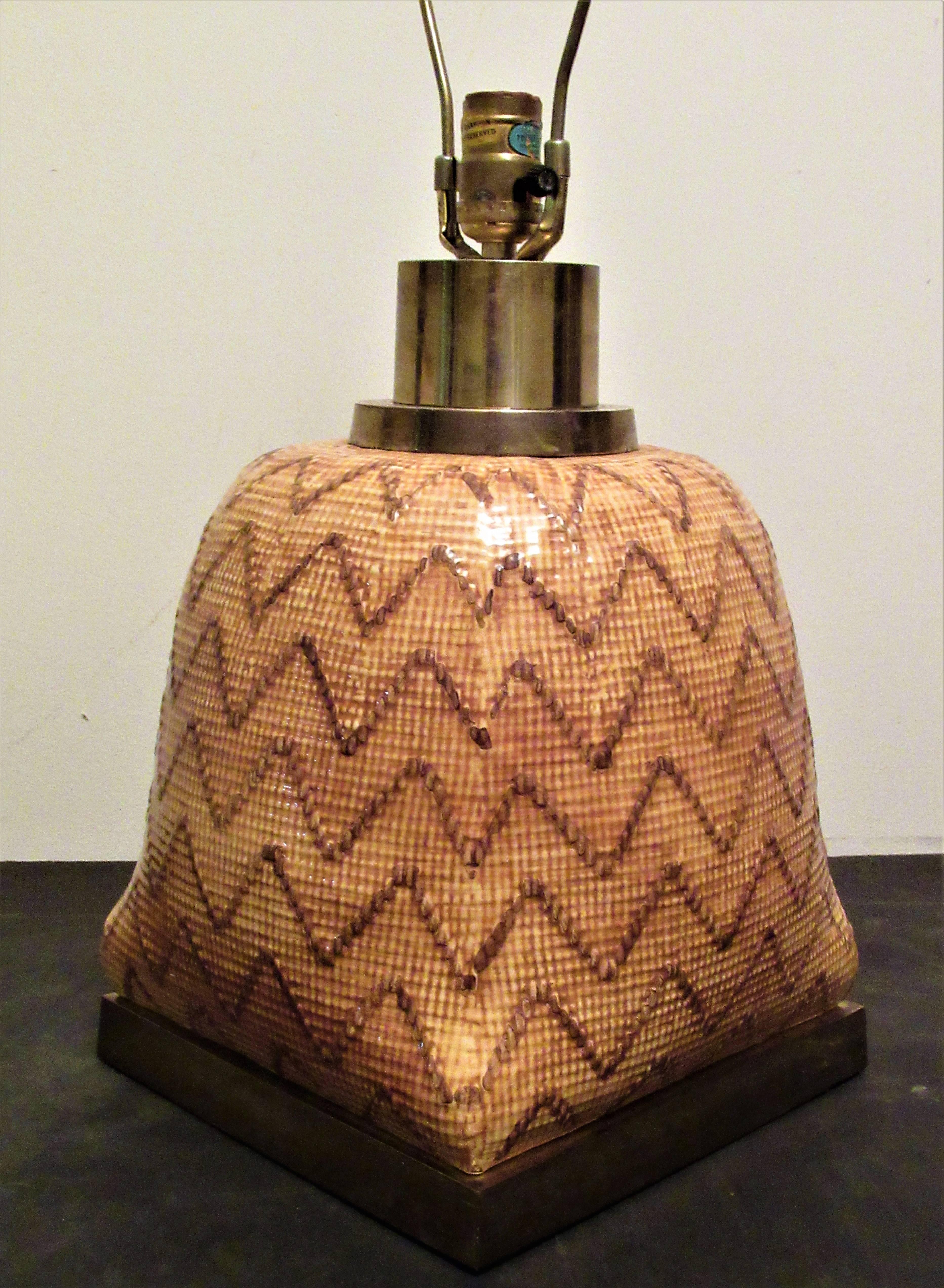 Very unusual glazed faux snakeskin like basket weave ceramic and brass table lamp by Chapman circa 1970s. Retains original Chapman label dated 1977. Exceptional quality and a rare form.