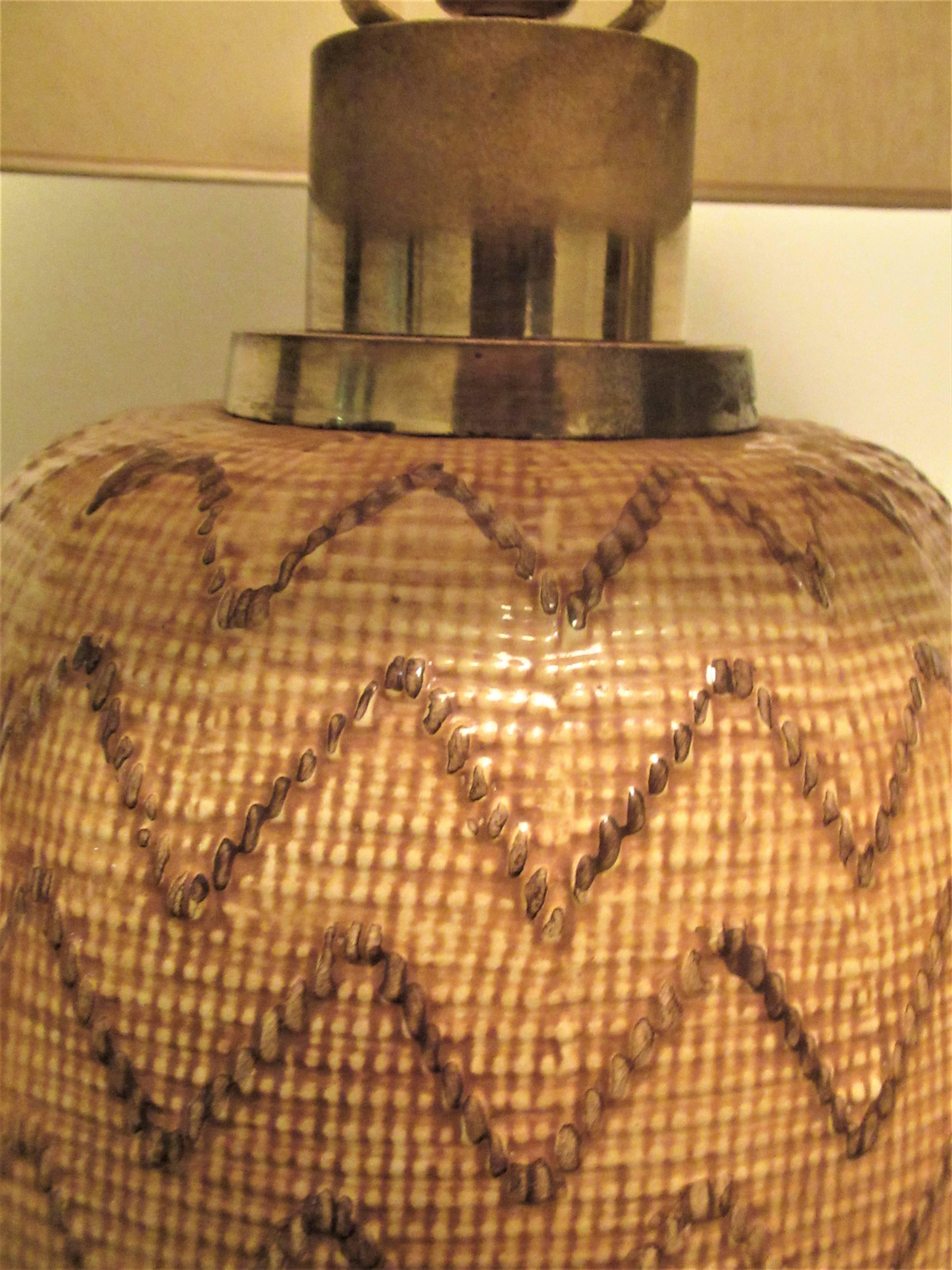 Hollywood Regency Snakeskin Basket Weave Glazed Ceramic Lamp by Chapman