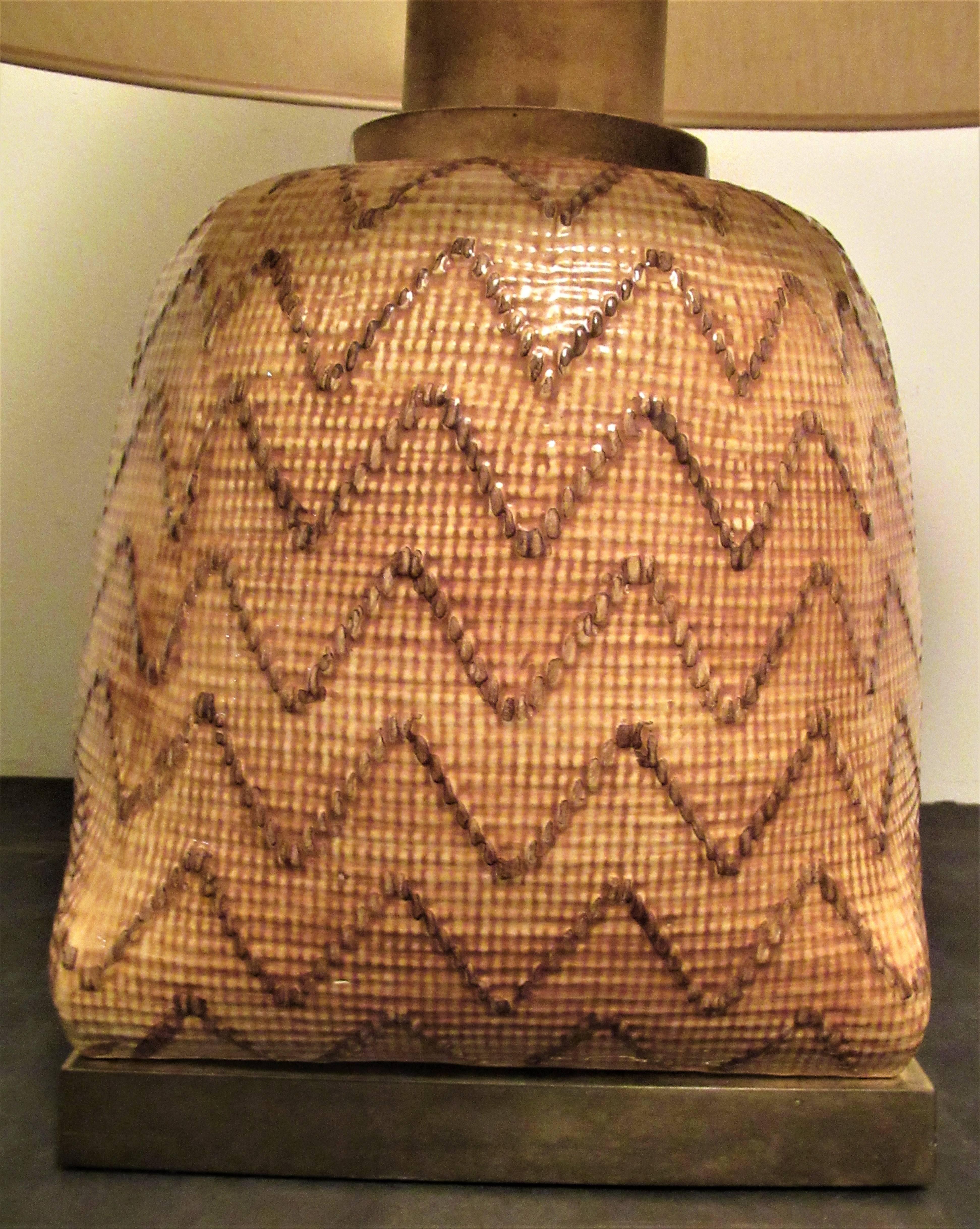 20th Century Snakeskin Basket Weave Glazed Ceramic Lamp by Chapman