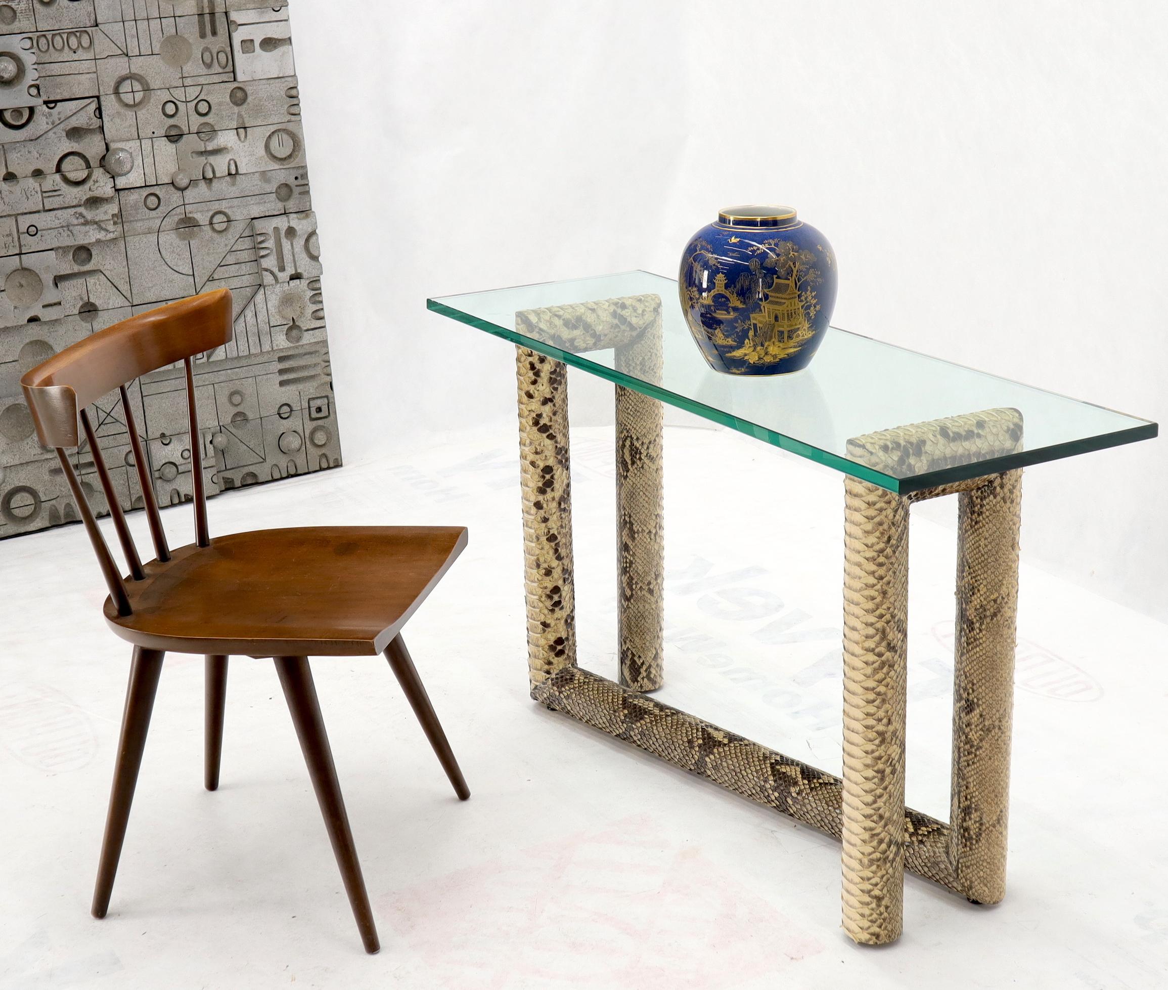 Mid-Century Modern Snakeskin Wrapped Base Glass Top Console Sofa Table