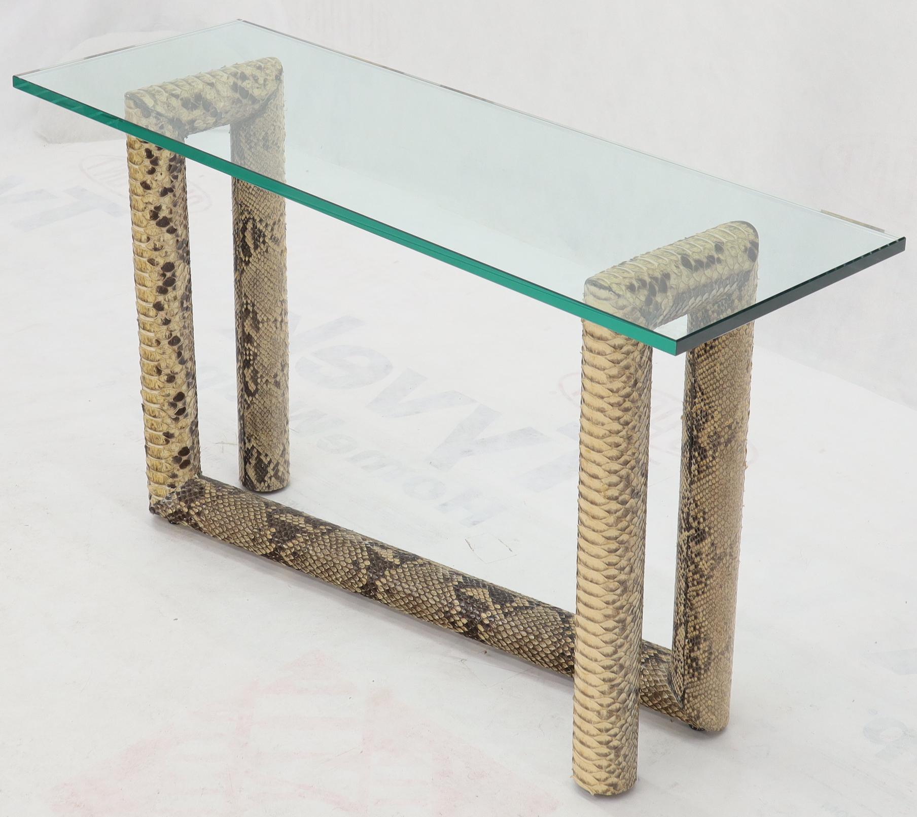 American Snakeskin Wrapped Base Glass Top Console Sofa Table