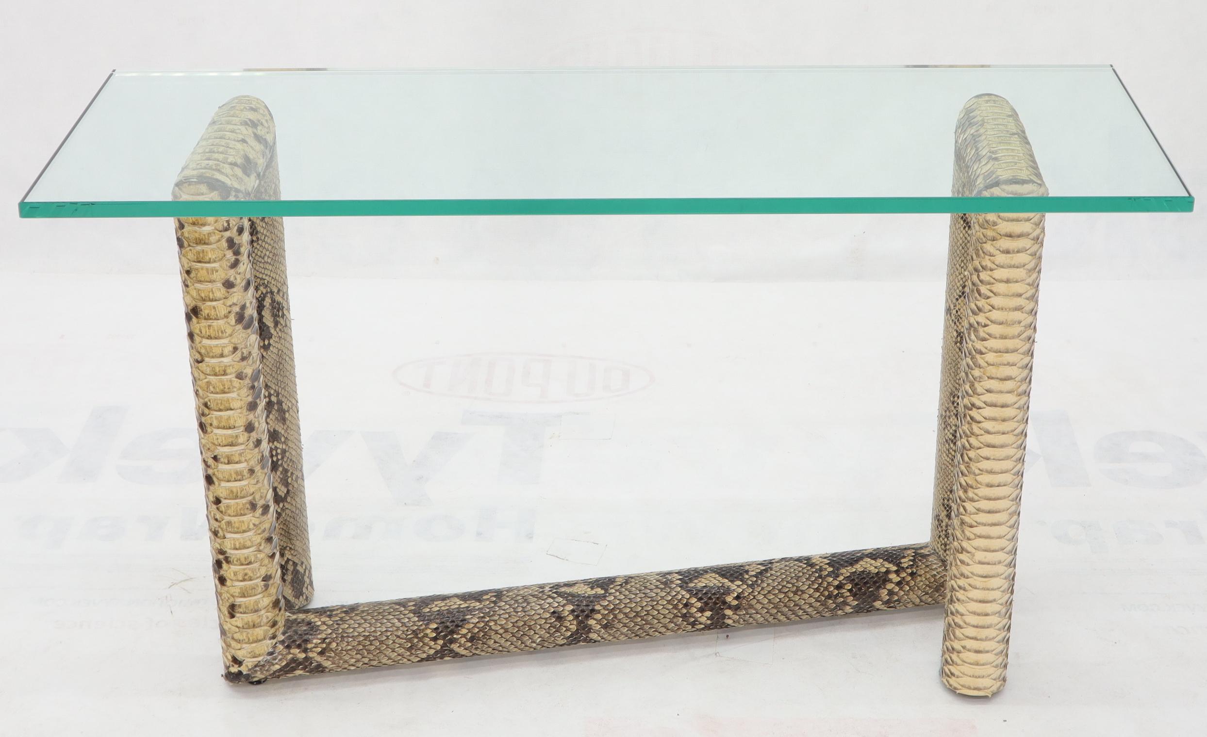 Lacquered Snakeskin Wrapped Base Glass Top Console Sofa Table