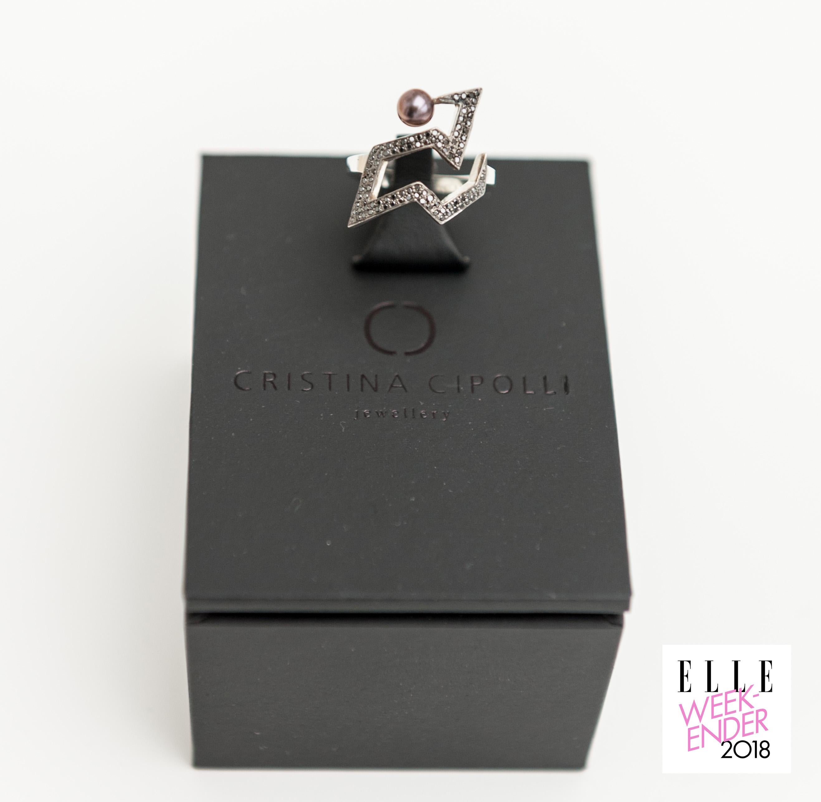 Contemporary Cocktail Ring in Silver with Black Diamonds and Tahitian Pearl For Sale