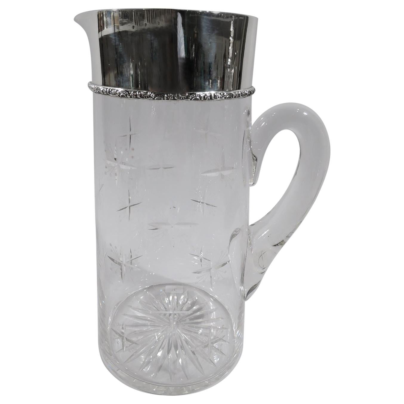 Snazzy American Art Deco Sterling Silver and Glass Bar Pitcher