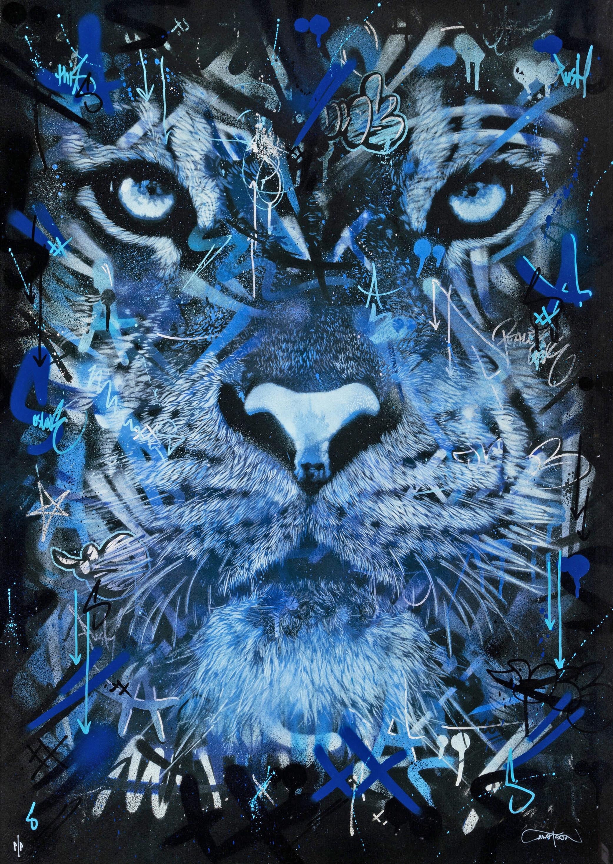 Tiger Blue (Einzigartiger, signierter Siebdruck von Snik x Martin Whatson mit Verzierungen) im Angebot 1