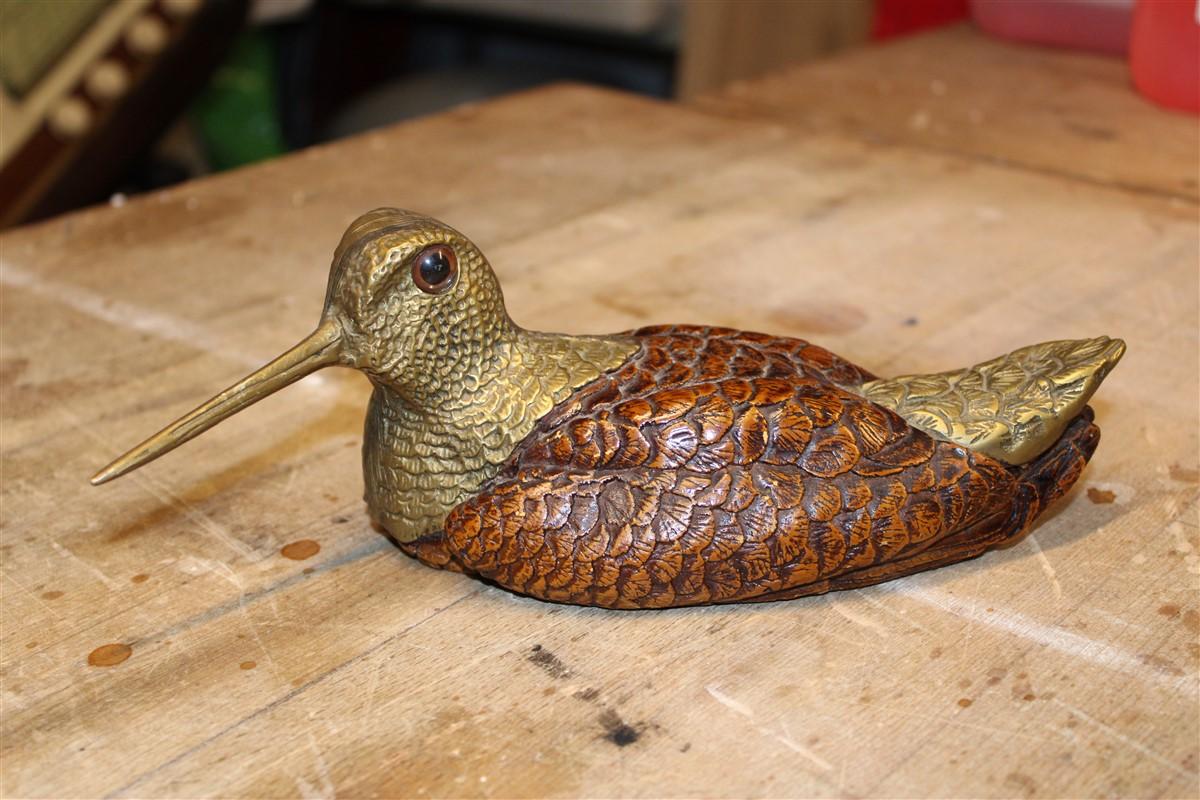 Snipe Bird Sculpture Italy 1970s Brass Wood In Good Condition For Sale In Palermo, Sicily