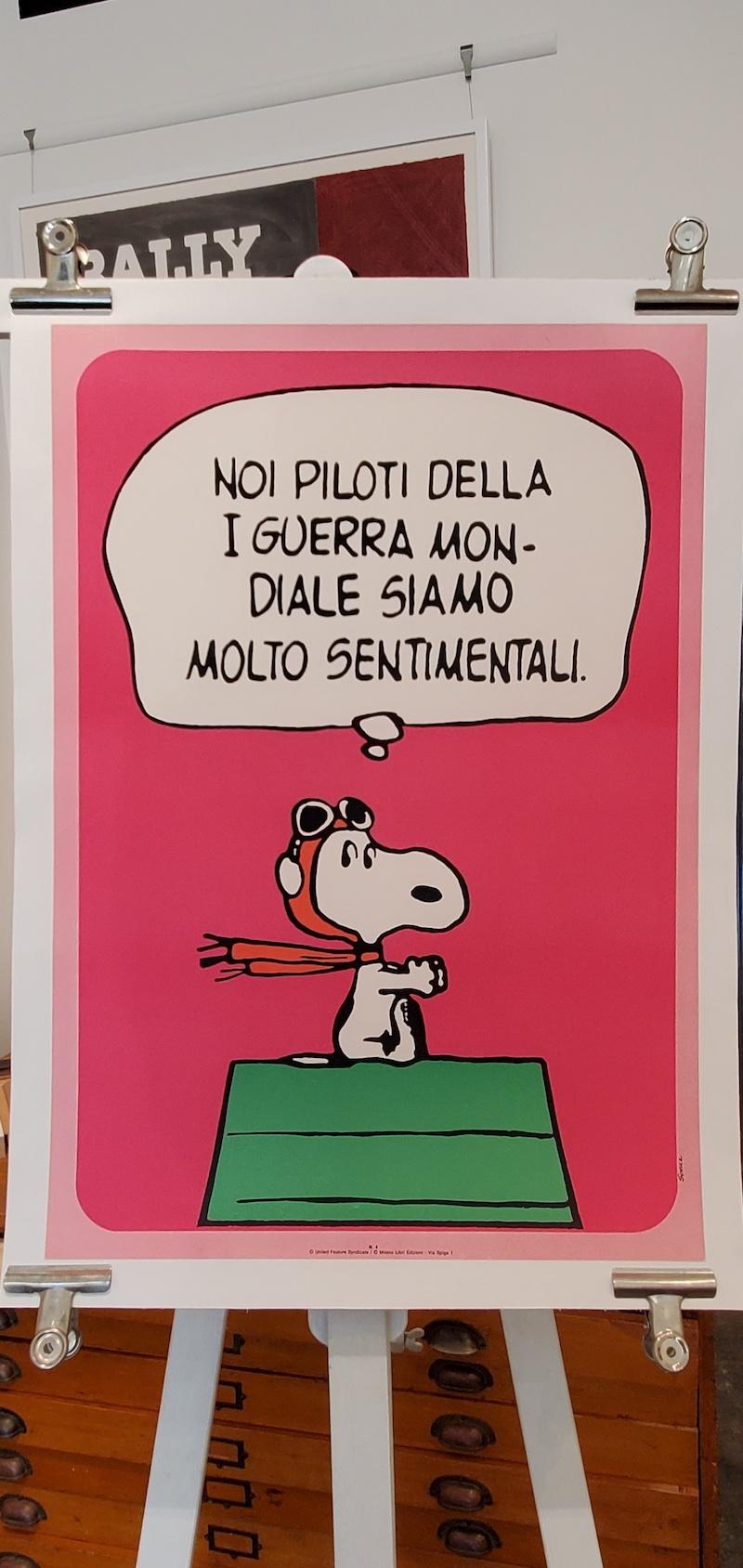SNOOPY Original Italian Vintage Poster by Schulz c. 1960

This is an original poster, circa 1960 featuring Snoopy with the slogan, “We First War pilots are very sentimental” .

This poster has been linen backed for preservation, the colours are