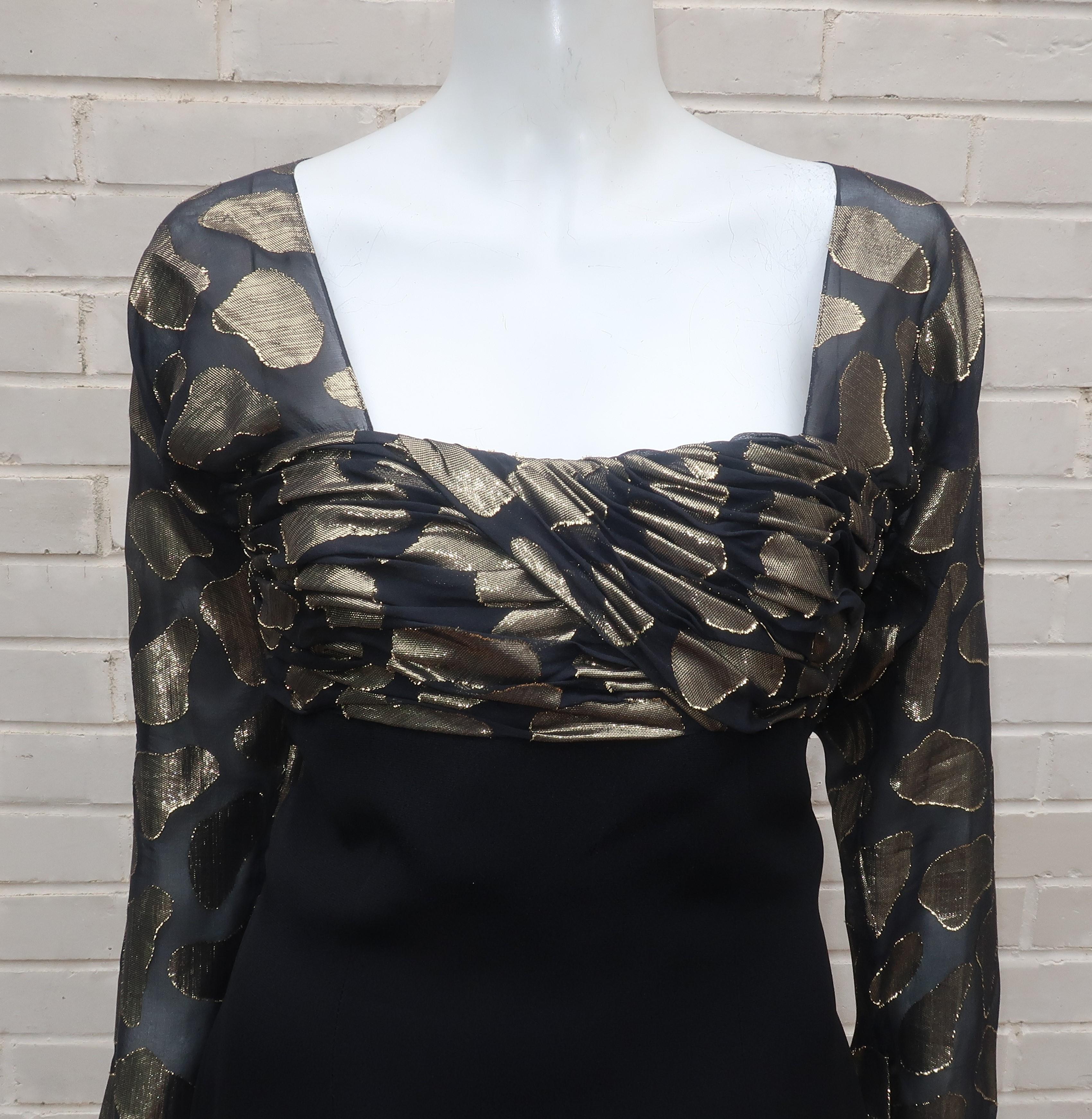 This glitzy little number lies somewhere between 1970's disco and 1980's glam.  It is from a fabulous boutique that existed in Atlanta, once upon a time, the Snooty Hooty.  The black silk crepe dress zips up the back and buttons at the top of the