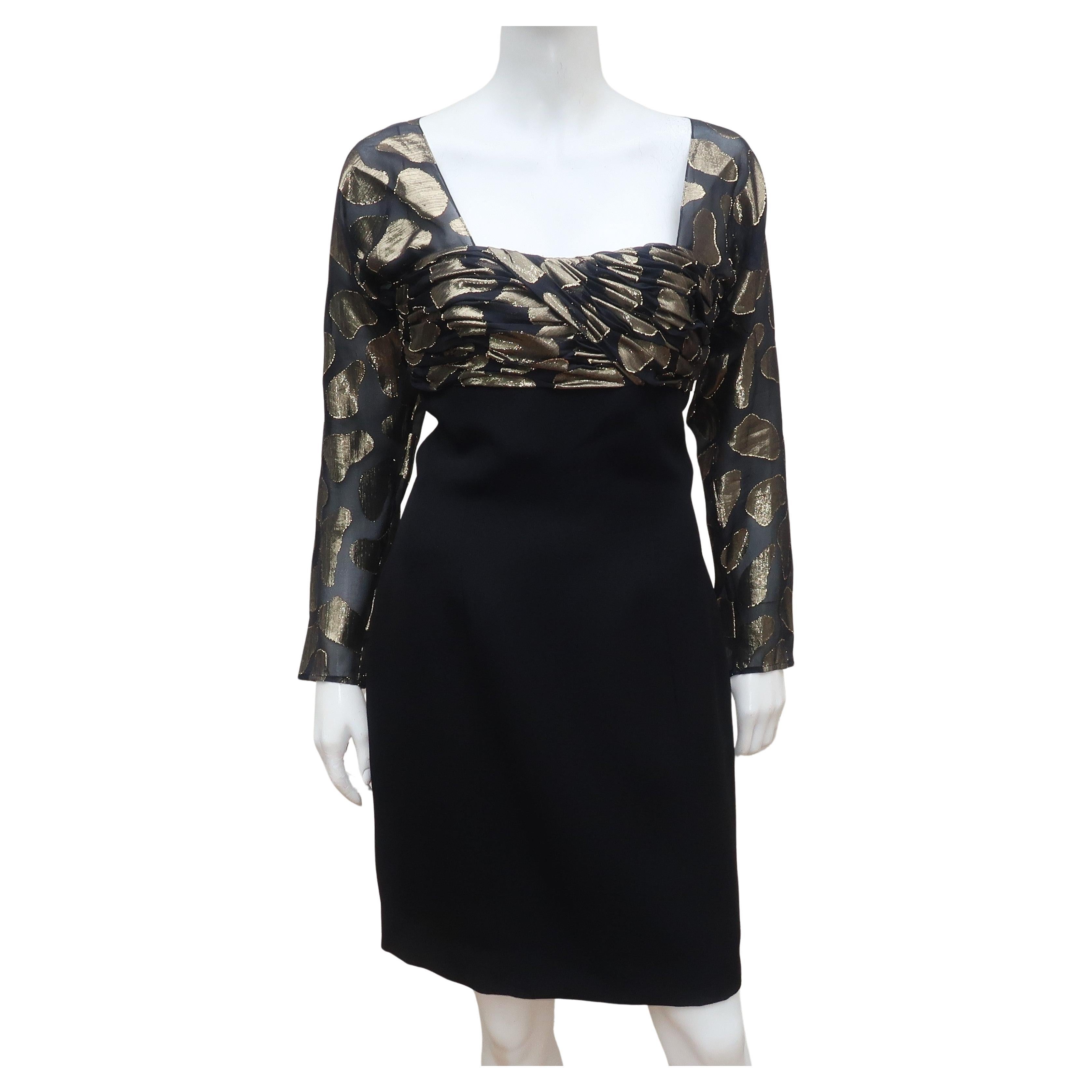 Snooty Hooty Black Crepe & Gold Lamé Cocktail Dress, C.1980 For Sale