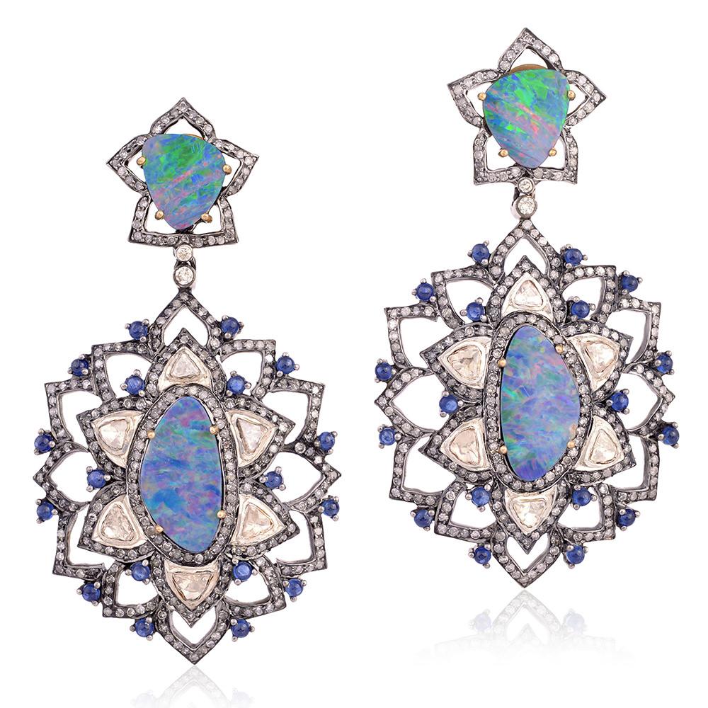 Snow Flake Style Earrings with Multi Gemstone & Pave Diamonds in Gold & Silver In New Condition For Sale In New York, NY