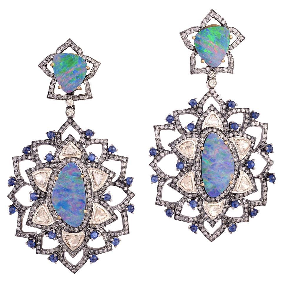 Snow Flake Style Earrings with Multi Gemstone & Pave Diamonds in Gold & Silver For Sale