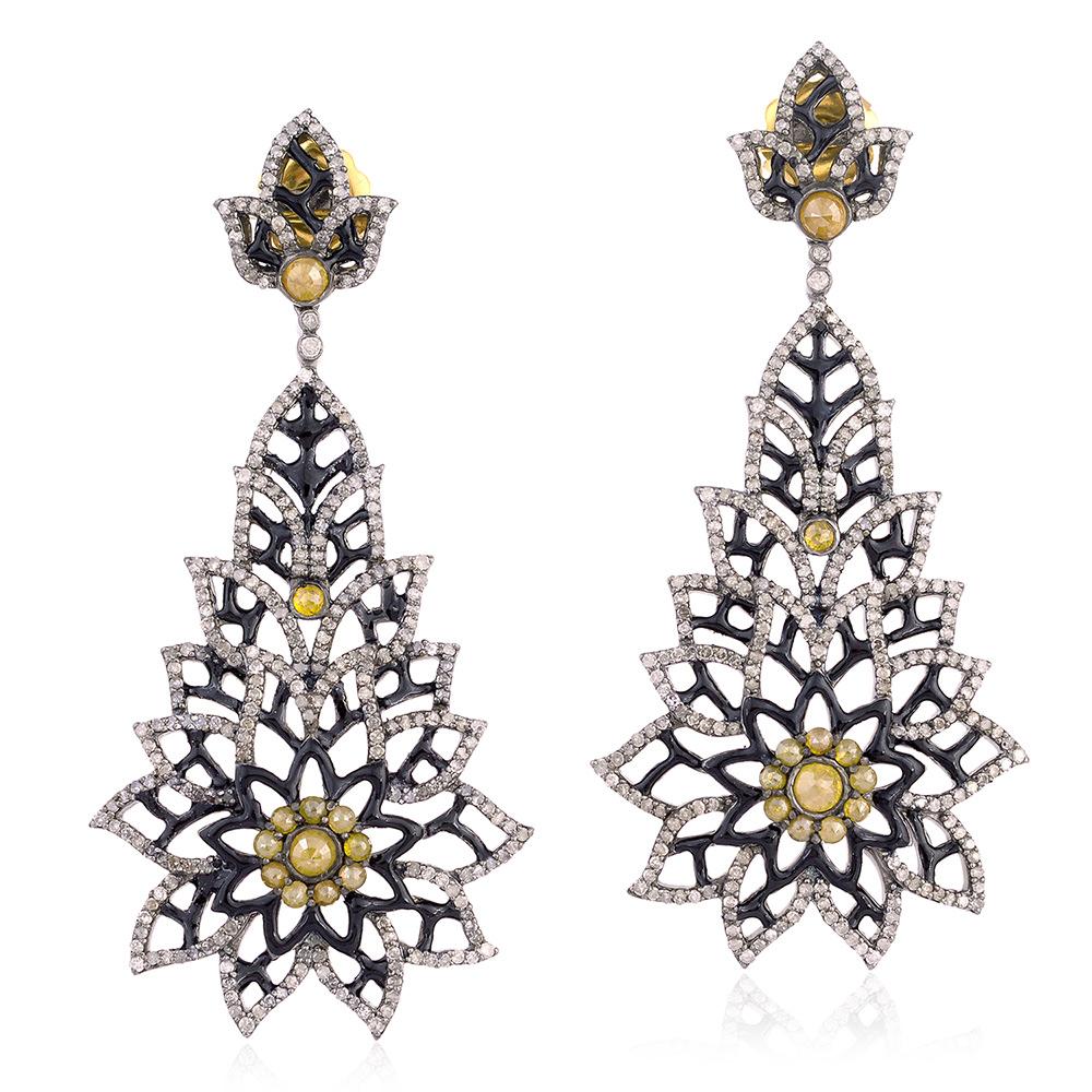 Mixed Cut Snow Flakes Shaped Dangle Earrings With Pave Diamonds Made In 18k Gold & Silver For Sale