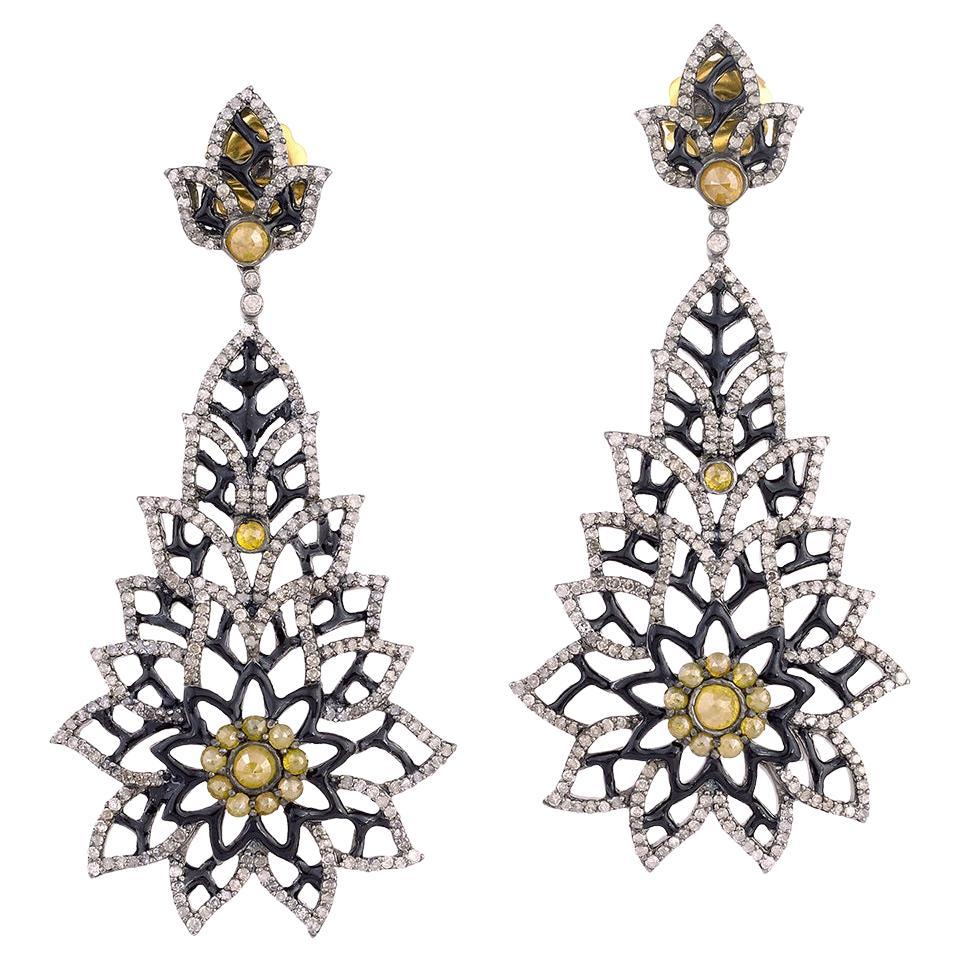 Snow Flakes Shaped Dangle Earrings With Pave Diamonds Made In 18k Gold & Silver