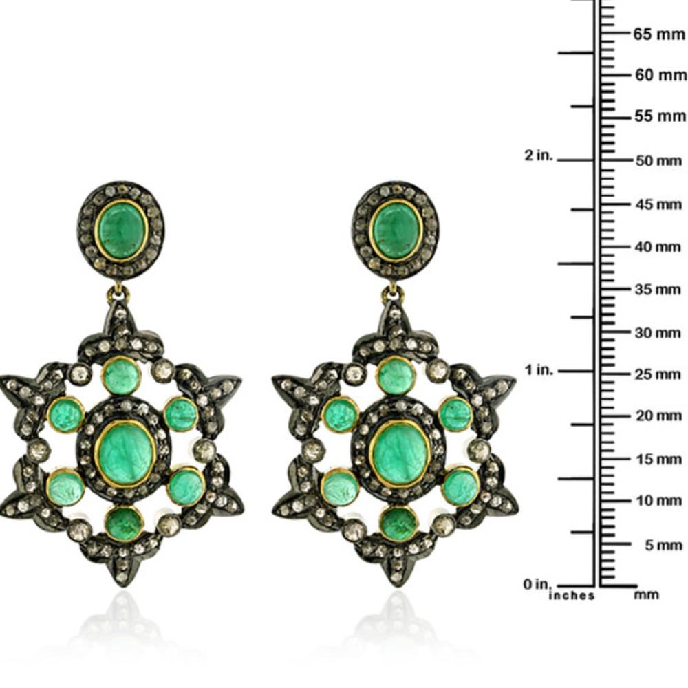 Mixed Cut Snow Flakes Shaped Earrings With Emeralds & Pave Diamonds In Gold & Silver For Sale