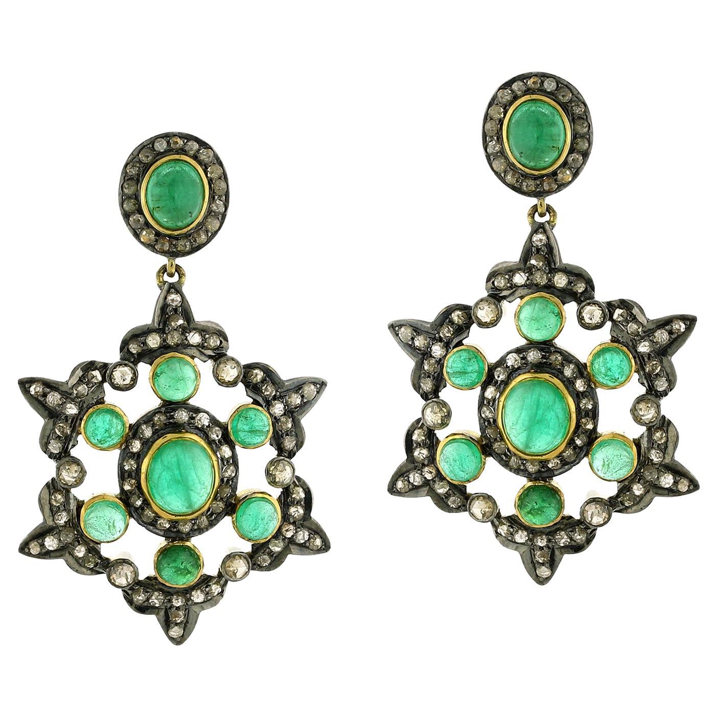 Snow Flakes Shaped Earrings With Emeralds & Pave Diamonds In Gold & Silver For Sale
