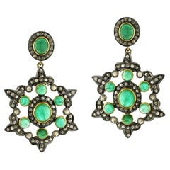 Snow Flakes Shaped Earrings With Emeralds & Pave Diamonds In Gold & Silver