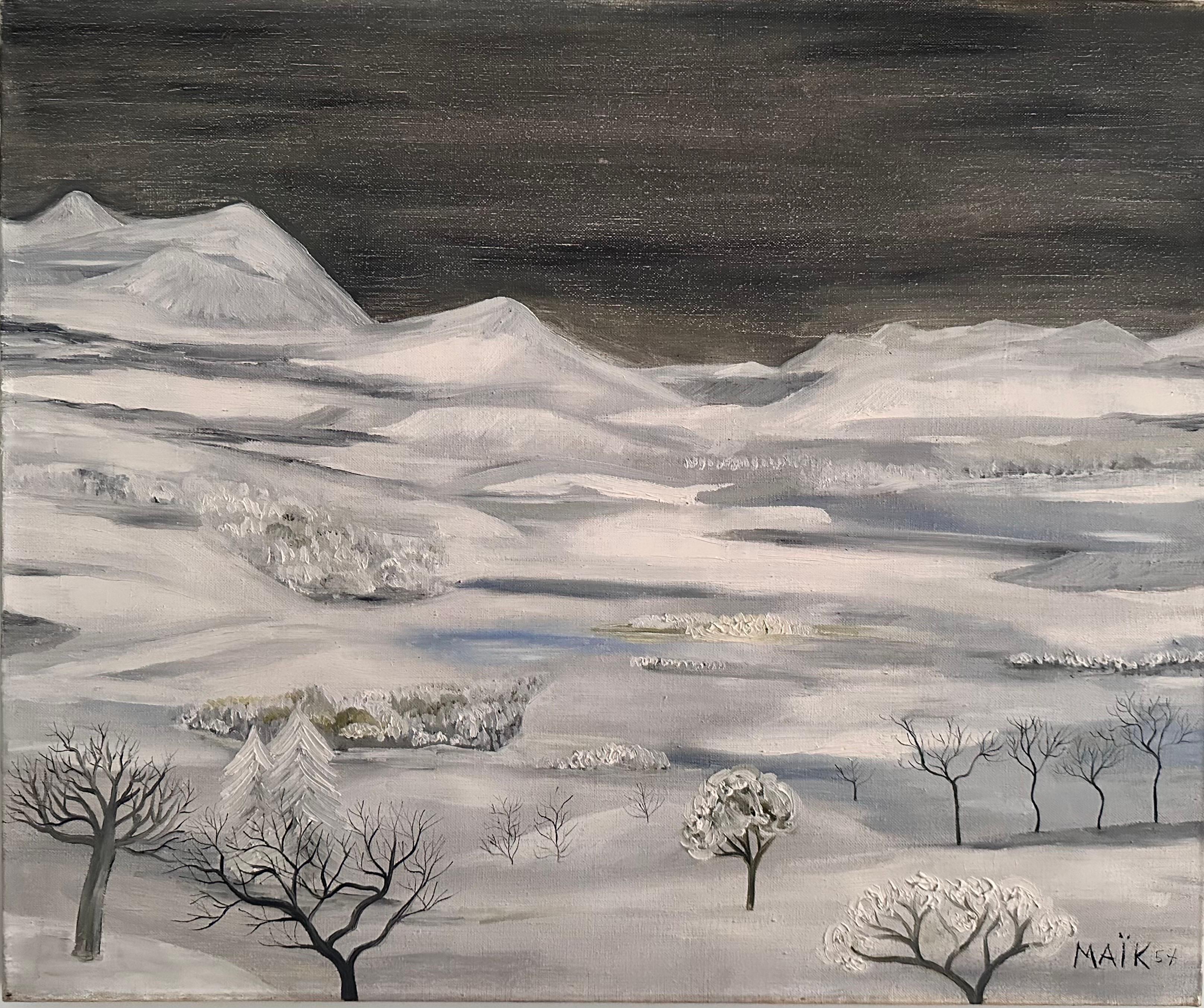 Oil on canvas
by Henri Hecht MAÏK (1922-1993).
“Snow Landscape”.
sign and date lower right “MAÏK 57”.
Framed with a natural oak and painted French frame, circa 1950.
Canvas dimensions: 54 x 64,5 cm.
Overall dimensions: 68 x 79,5 cm.