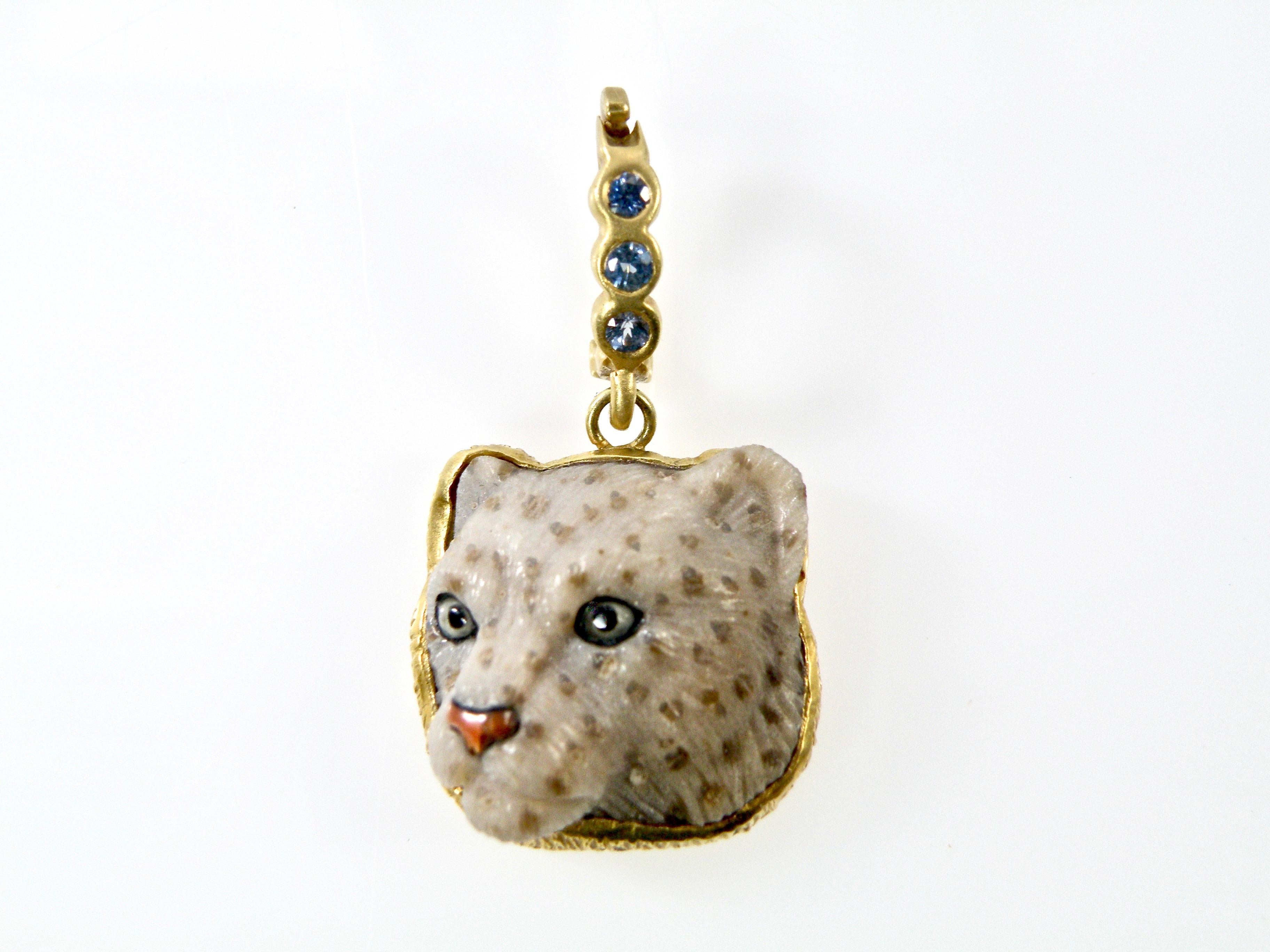 Contemporary 18K Sapphire Snow Leopard Pendant For Sale