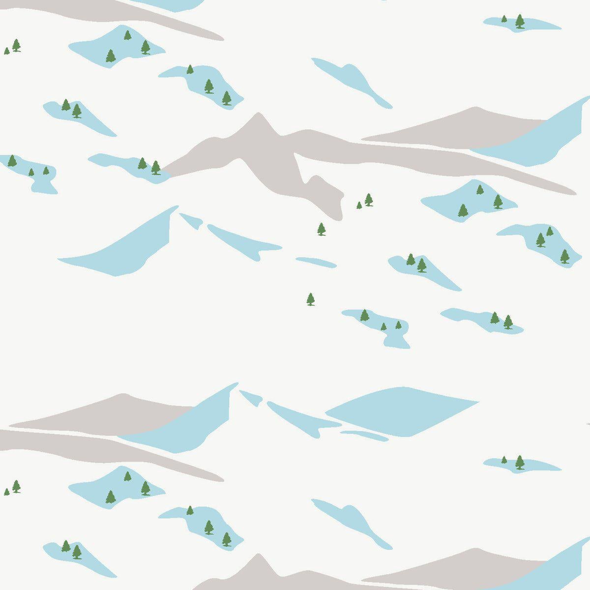 Snow Scene Designer Wallpaper in Avalanche 'Grey, Sky Blue and Dark Green' For Sale