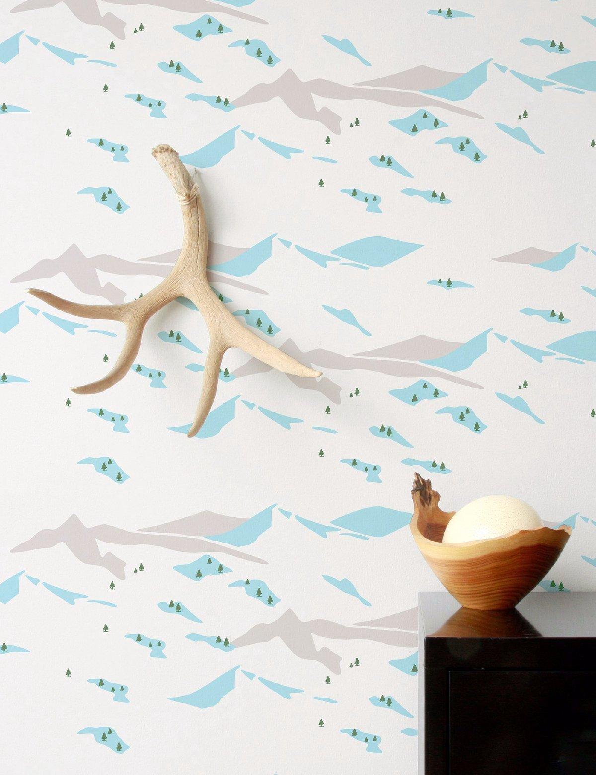 Snow Scene Designer Wallpaper in Avalanche 'Grey, Sky Blue and Dark Green' In New Condition For Sale In Brooklyn, NY