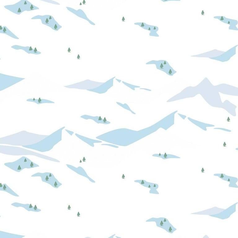 Papier peint de dessinateur de scènes de neige en tondra bleu poussiéreux, lavande et vert foncé en vente