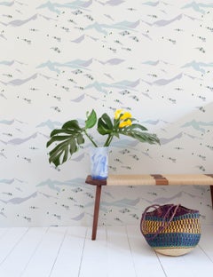 Snow Scene Designer Wallpaper in Tundra 'Dusty Blue, Lavender and Dark Green'