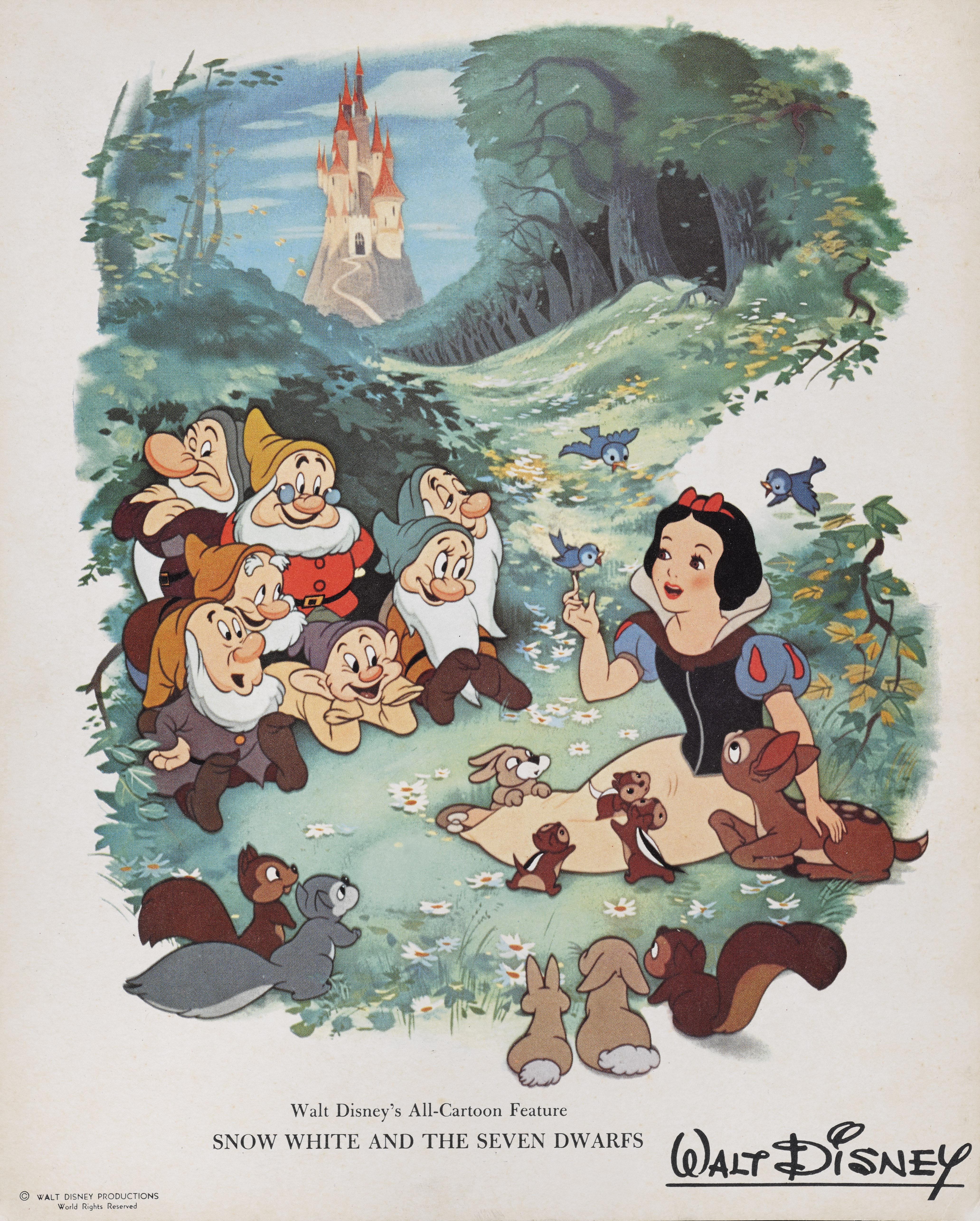 Original US trade advertisement for the 1964 re-release of the film poster for the Snow White and the Seven Dwarfs. This was Walt Disney's first feature animation and when it was released in 1937 was welcomed as a magical marvel. Disney estimated