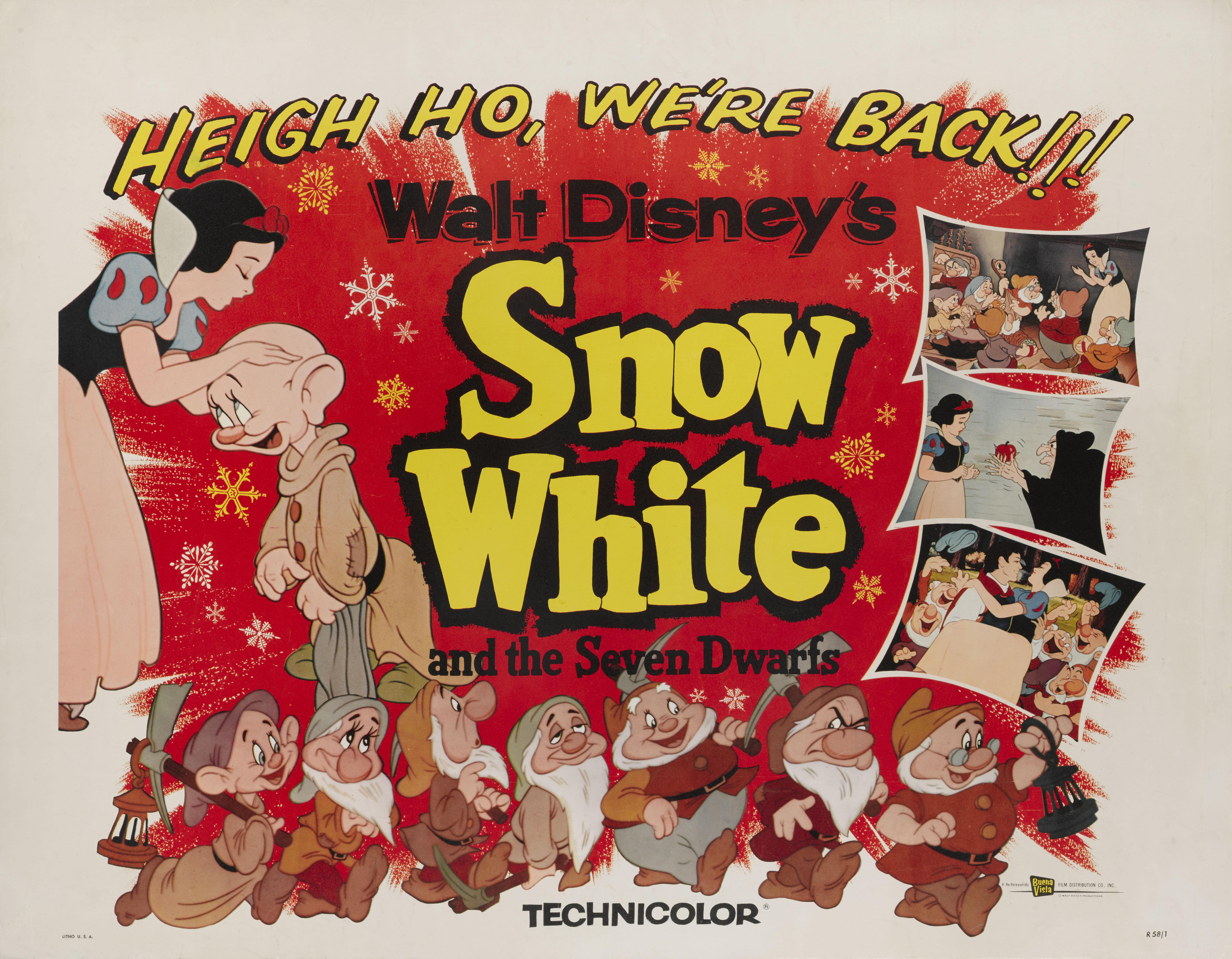 Original US film poster for Snow White and the Seven Dwarfs 1937.
This poster was created for the films re-release in 1958.
This was Walt Disney's first feature animation and when it was released in 1937 was welcomed as a magical marvel. Disney