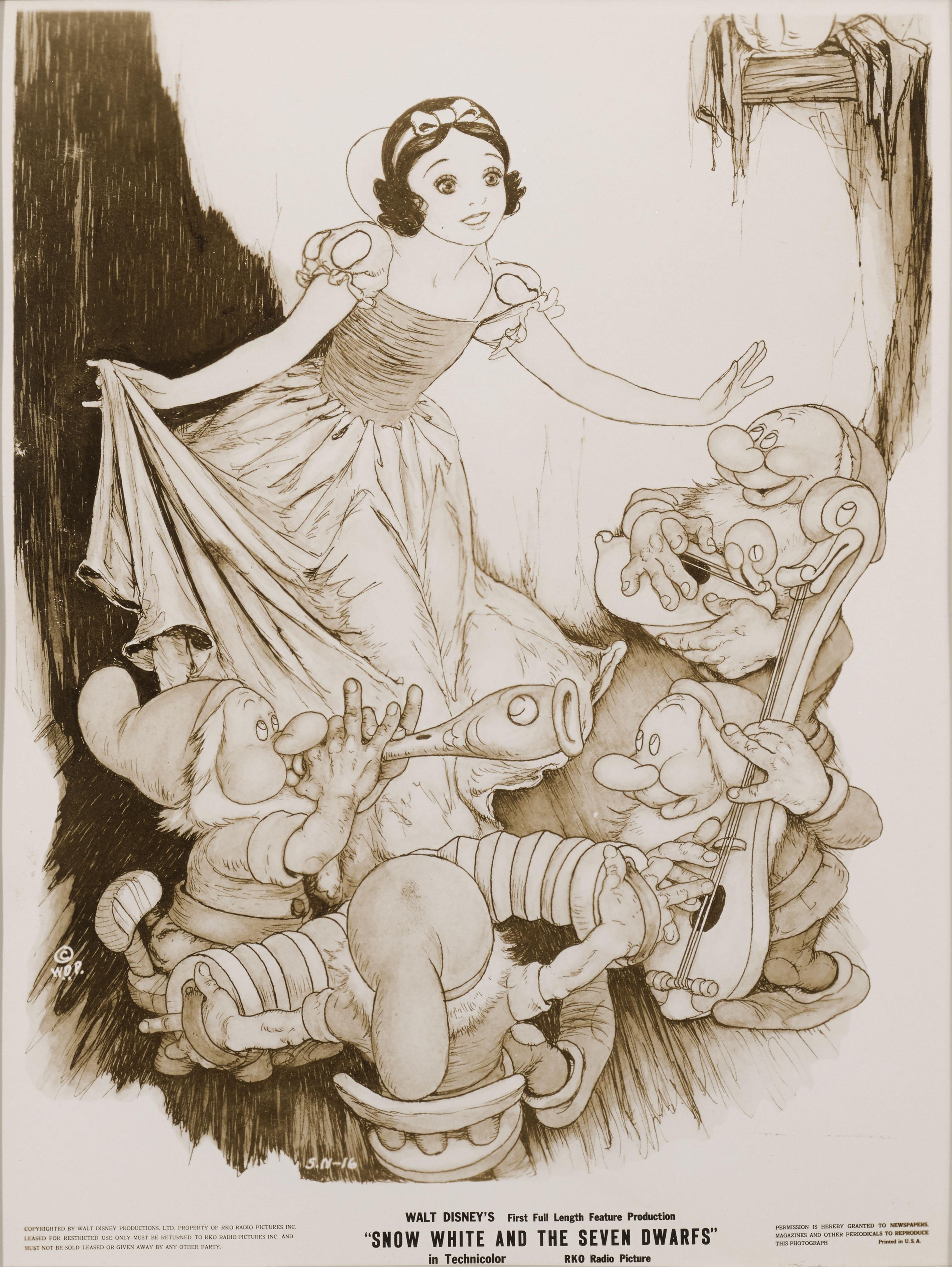 Original photographic production still for Snow White and the Seven Dwarfs 1937.
This piece features Tenggren art.
This piece would have been used to advertise and sent out to news agencies.
This was Walt Disney's first feature animation and when it