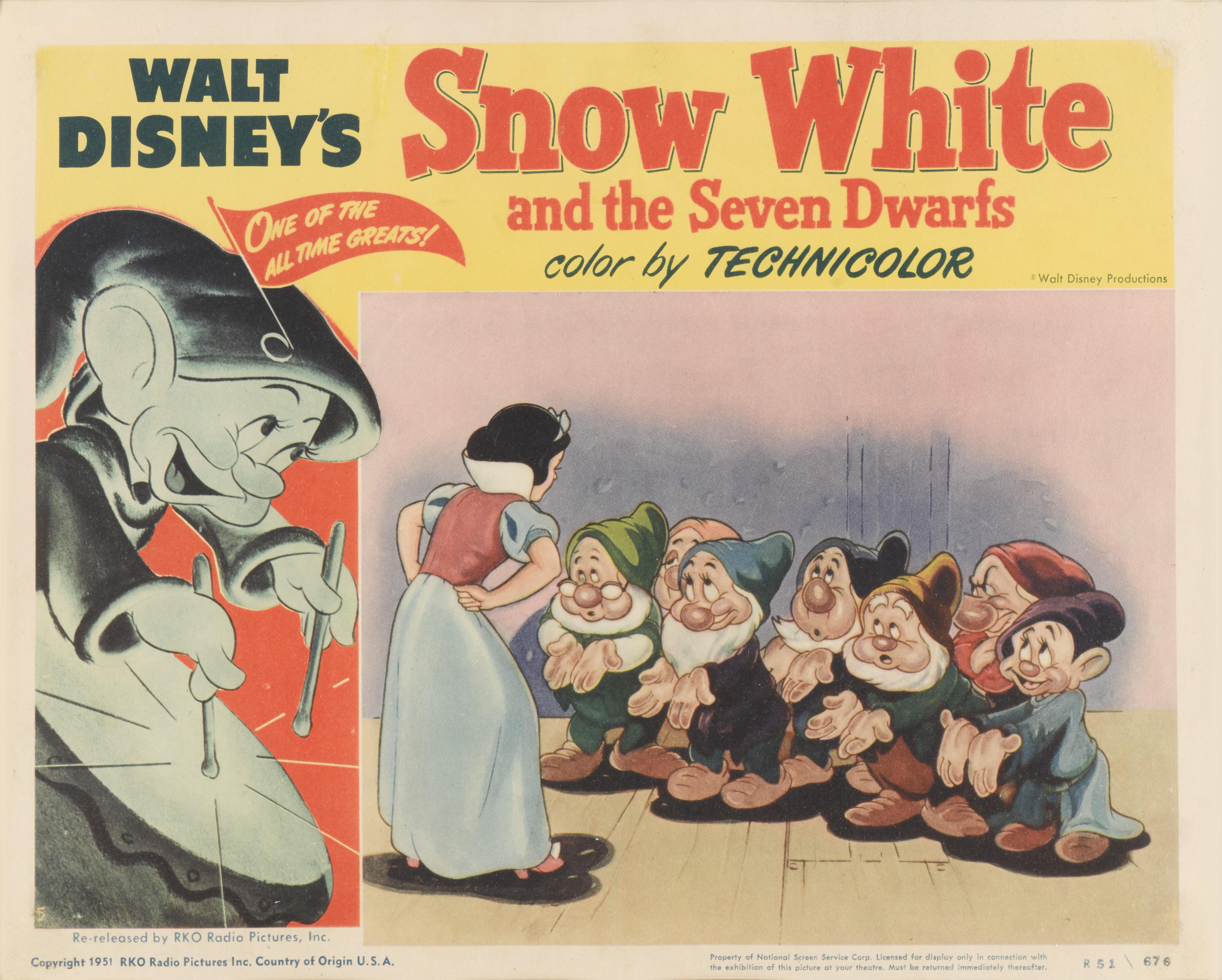 Original US lobby card for Snow White and the Seven Dwarfs 1937.
This piece would have been used to advertise the film inside the cinema foyer. This lobby card was created for as small re-release of the film in 1951
This was Walt Disney's first