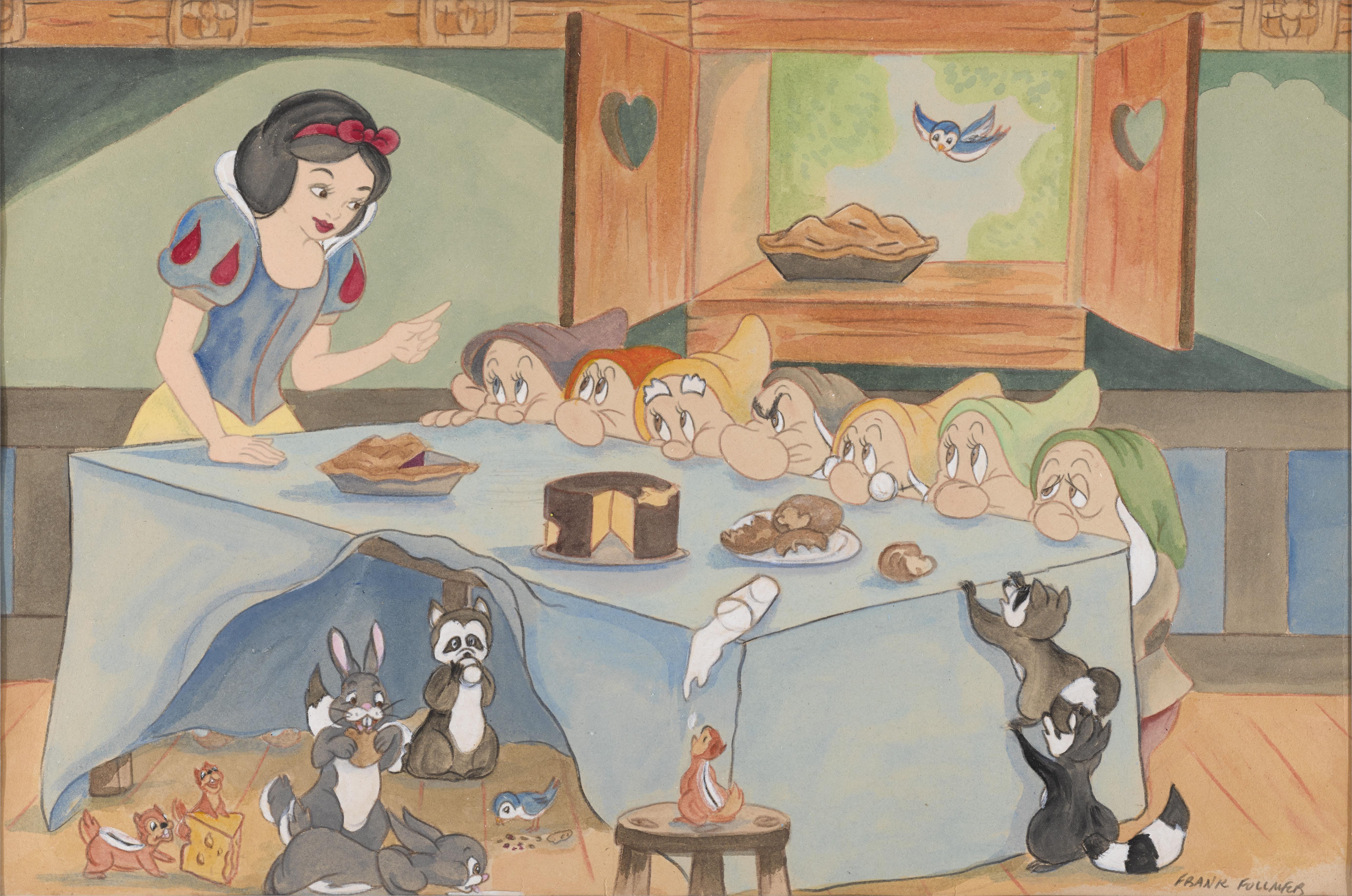 Si tratta di uno straordinario e raro dipinto ad acquerello originale dei Disney Studios del 1937 raffigurante Biancaneve e tutti e sette i nani: Doc, Brontolo, Felice, Sonnacchioso, Sonnacchioso, Starnutente e Dopey. L'opera d'arte è di Frank