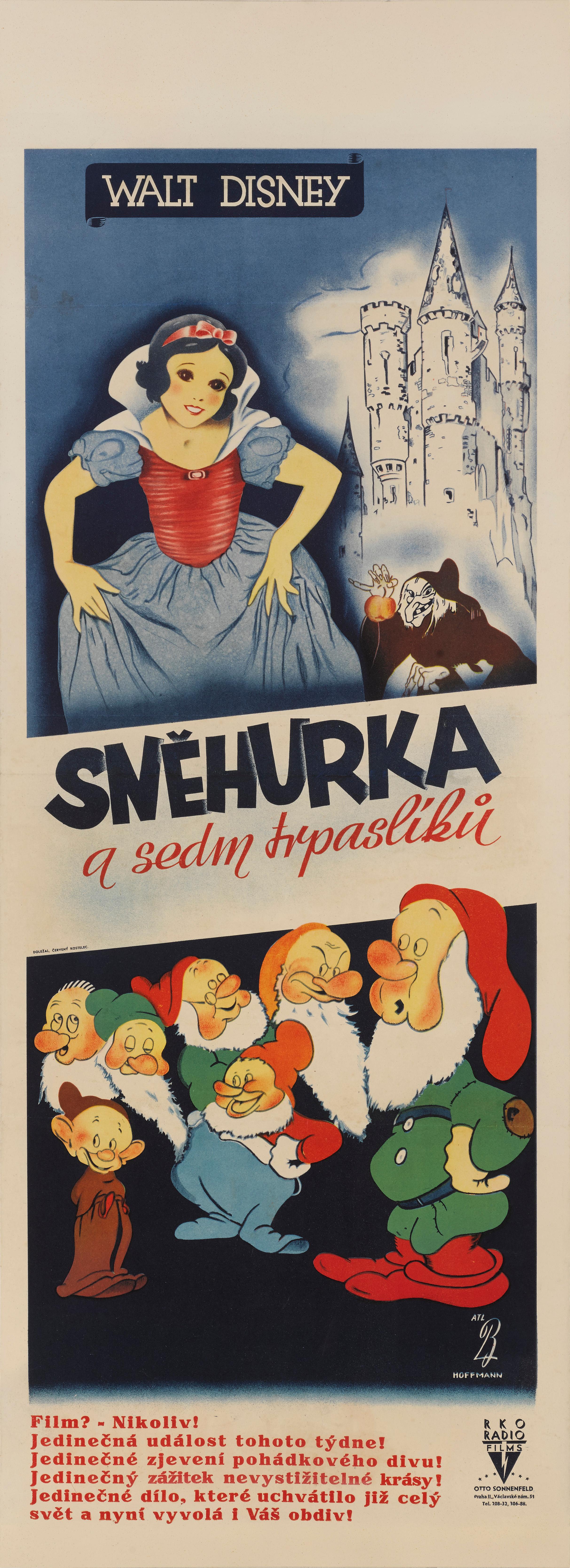 Original Czech film poster for the Snow White and the Seven Dwarfs .The artwork on this poster is unique to the films Czech release. The film was not released in Czechoslovakia until 1938. This was Walt Disney's first feature animation and when it