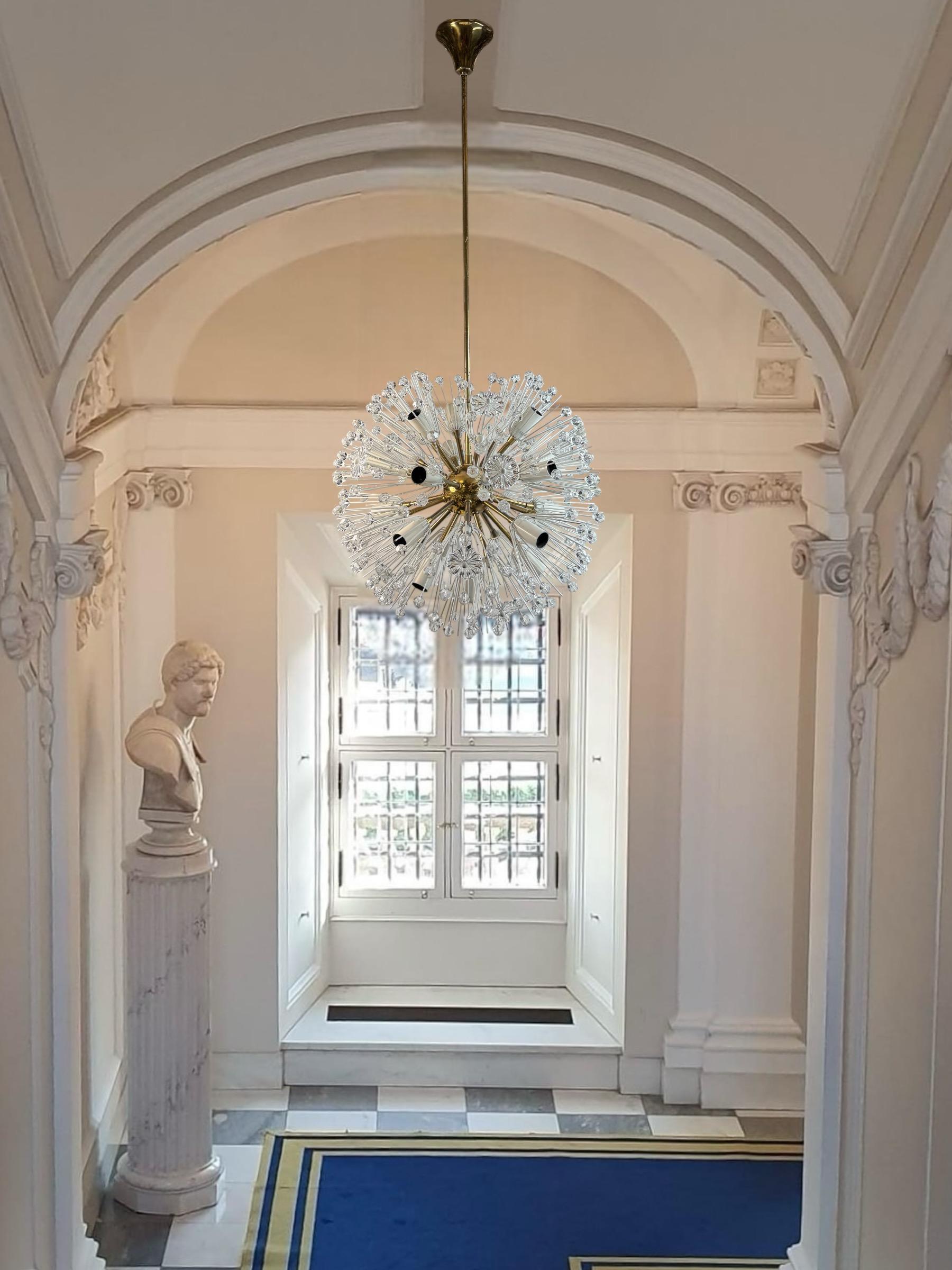 Emil Stejnar for Rupert Nikoll, sputnik chandelier, glass, crystal, brass, Austria 1960s or older.
Large brass 'Snowball' Sputnik chandelier, made in Vienna in the 1960s. Designed by Emil Stejnar and manufactured by the famous Rupert Nikoll. This